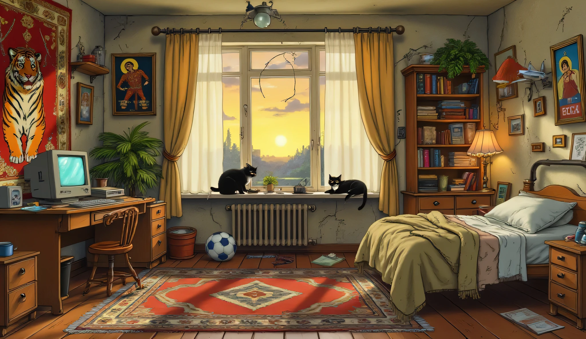 Атмосферная комната русского подростка 90-х годов, worn wallpaper, old desk with computer "Pentium" and a CRT monitor, keyboard with worn keys, untidy bed with a blanket and a crumpled pillow, large carpet on the wall with a tiger, second carpet on the floor with a geometric pattern, buttons heavy curtains with brushes, shelf with books and a collection of icons, posters with rock musicians and athletes, attached with, school backpack thrown in the corner, a black cat with a white breast is napping on windowsill in the setting sun, yellow light desk lamp, sports ball in the corner, model airplane on the shelf, photorealistic style with warm colors