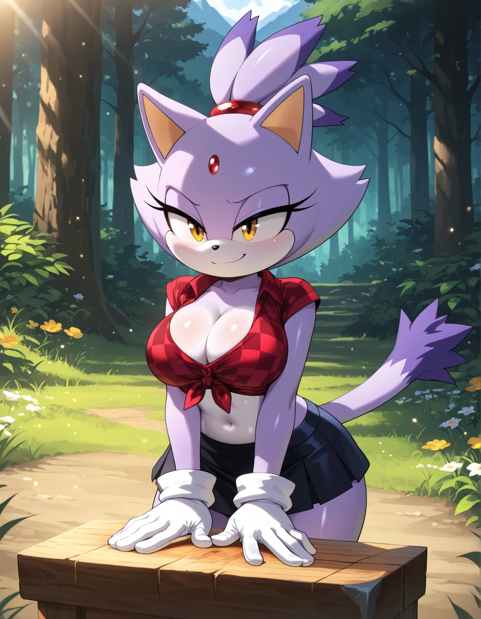z0nkn3w,, solo, 1girl, blaze the cat, furry, shiny skin, short stack, (wide hips:0.8), white gloves, cleavage, black miniskirt, midriff, red checkered knotted top, tied shirt, BREAK smile, smug, BREAK night, forest background, (mountains:1.1), flower, wood chopping block, cowboy shot, BREAK masterpiece, amazing quality, best quality, very aesthetic, newest, absurdres, cinematic lighting, ambient occlusion, raytracing, colorglow, light shafts, light particles