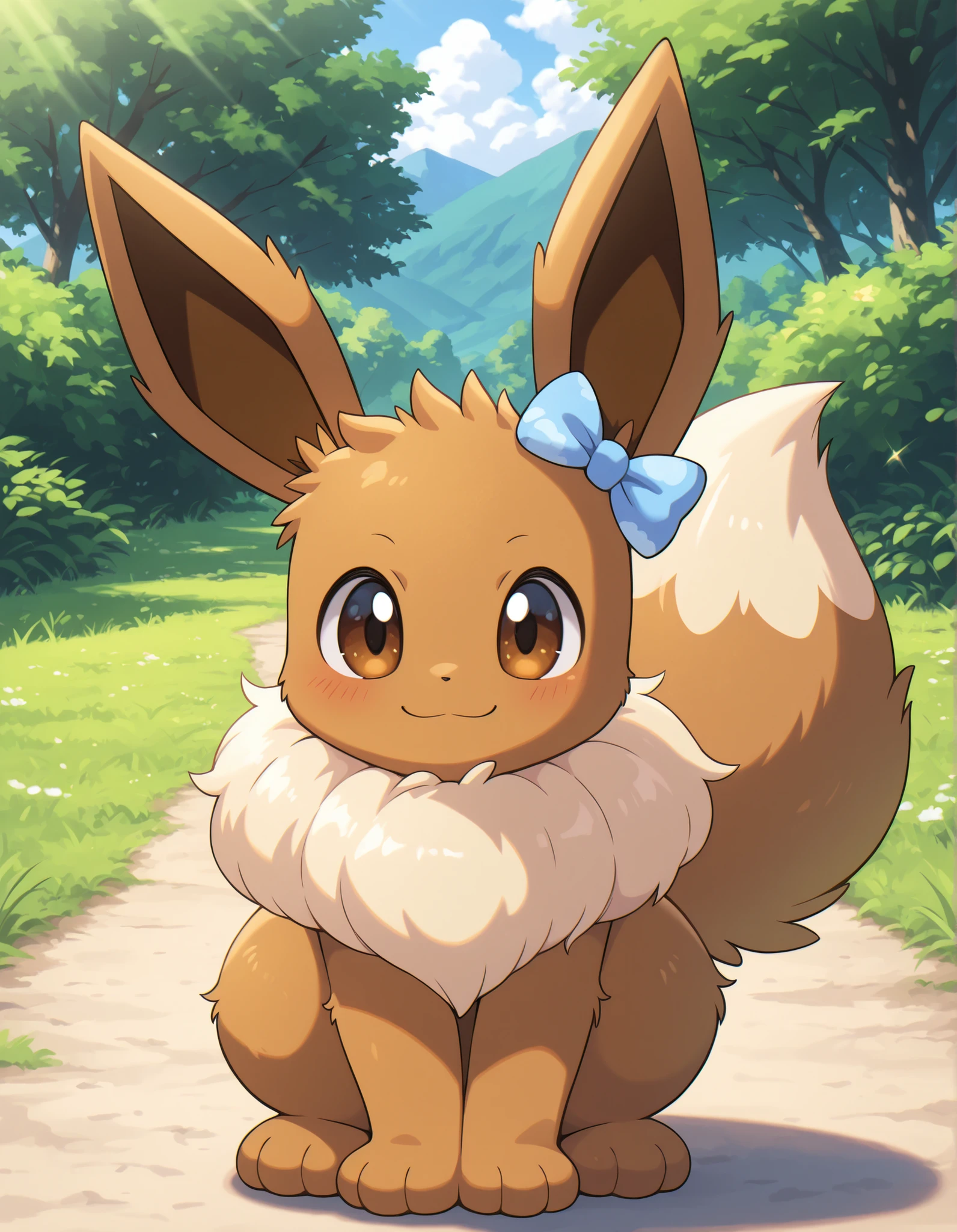 z0nkn3w,, pokekid, eevee, fluffy girl, furry girl, female, smile, smiling, has a big pretty bow in her hair, has animal paws for hands, 1girl, best quality, outdoors, high definition, cute,