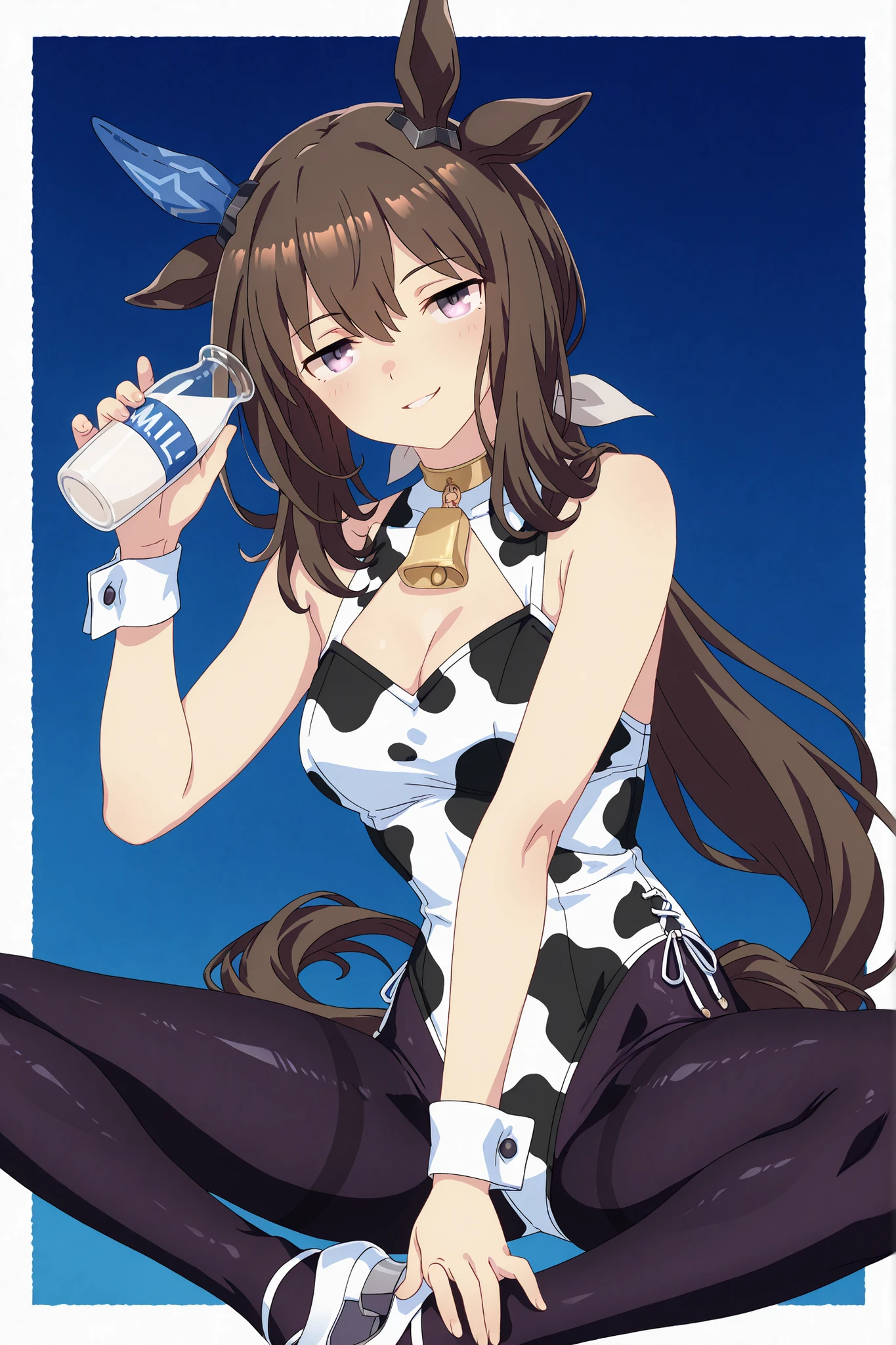 1girl, (solo:1.3), Admire Vega (Umamusume), gentle smile:1.3,
smooth and silky texture, softly flowing strands,
(horse ears:1.4), cow ears, (small curved cow horns:1.3), cow tail,
(deep indigo eyes:1.3), calm and
pose: ojou-sama pose:1.4, butterfly sitting pose, upper body focus:1.5,
framing centered on torso and face,
one hand gracefully raised near cheek or chest, serene and refined posture,
holding a large glass milk bottle in the other hand:1.6, bottle clearly visible and emphasized,
soft, reserved smile with quiet grace and dignity,
slender waistline, flat stomach, elegant and feminine body, medium breasts:1.3,
cleavage emphasized:1.2, subtle and natural chest line,
(anatomically correct hands:1.2), (detailed hands),
outfit: glossy cow-pattern leotard, one-piece, white and black irregular cow spots,
(sheer black pantyhose:1.3), (semi-transparent texture:1.3),
large cowbell necklace, wrist cuffs, white or silver high heels,
background: blue background with faint starlight, (fading border), (white border),
flat color style, anime-style cel shading, minimalist design,
(masterpiece), (best quality), (extremely detailed), (highly refined), (8k),
(flat color), (TYPE-MOON style), (Hires.fix), (dutch angle:1.4)(Watercolor:1.2) (smug, seductive smile)