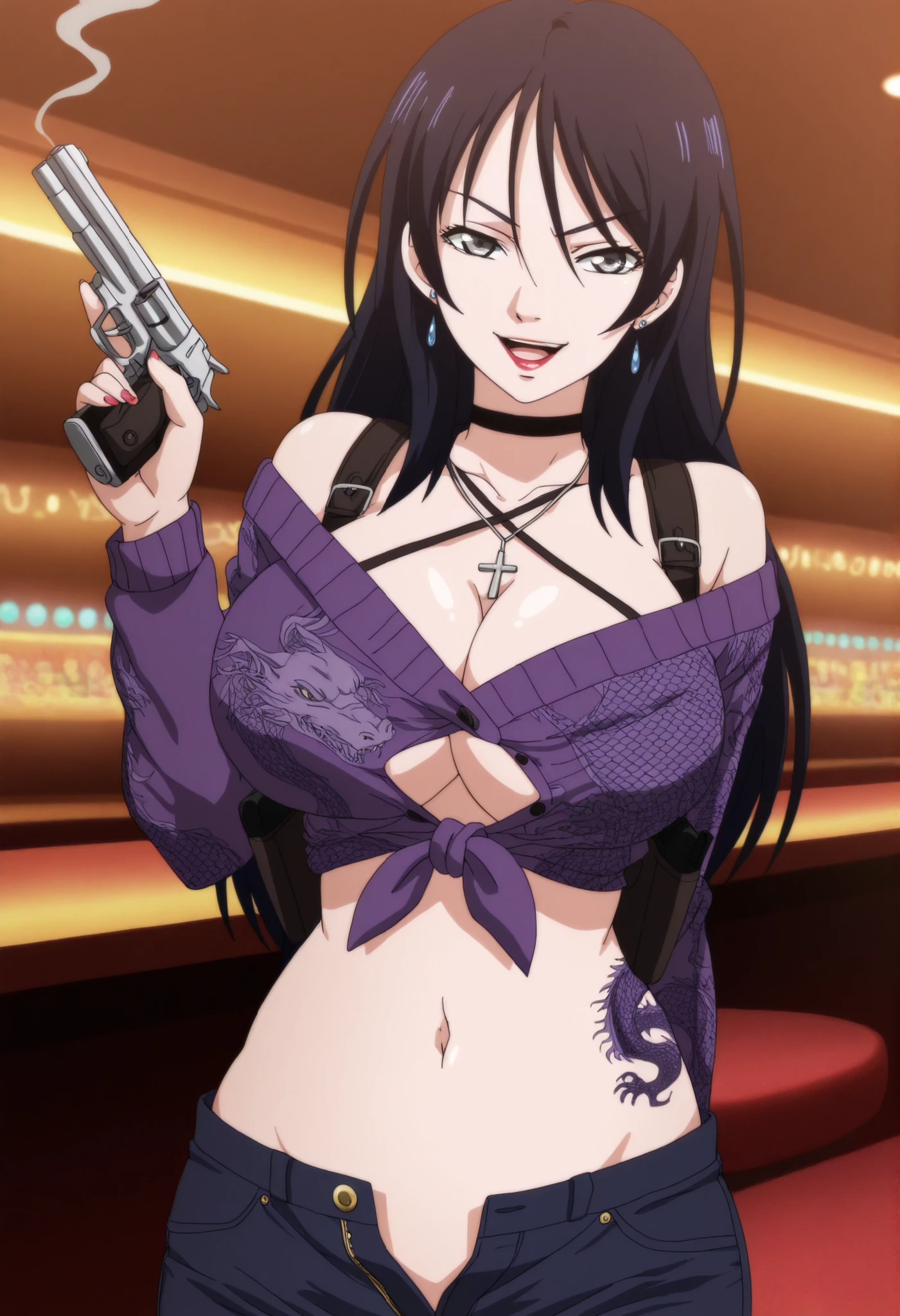 masterpiece, best quality, amazing quality,,  yuri kotobiki, long hair, black hair, grey eyes, mature female, , anime screencap, off shoulder, sweater, purple sweater, skirt, white skirt,,  nail polish, ear piercing, long hair, , lipstick,Hot girl, baddie, smoking, sensual, attractive cross necklace, choker , jewelry, earrings, bar background, inside bar ,indoors, , casino, pull_down jeans(show off panties,:1.2, no panties),masterpiece,high
quality,4k,belly,,holding pistol,cleavage, tied shirt,,unbuttoned shirt, collared shirt, knot,
smile, open mouth, (nsfw) not safe for work, evil expression,belly, exposed navel, exposed
midriff, exposed lower belly,dragon print jacket, unbuttoned jeans , low rise black jeans,
Low rise jeans with open fly, motorcycle jacket, criss-cross halter with center opening,
shoulder holster,,medium large breast ,looking at viewer , dragon tattoo on waist, narrowed eyes, tattoo on waist, anipai_style , anime screencap , anime coloring, v-shape eyebrows,