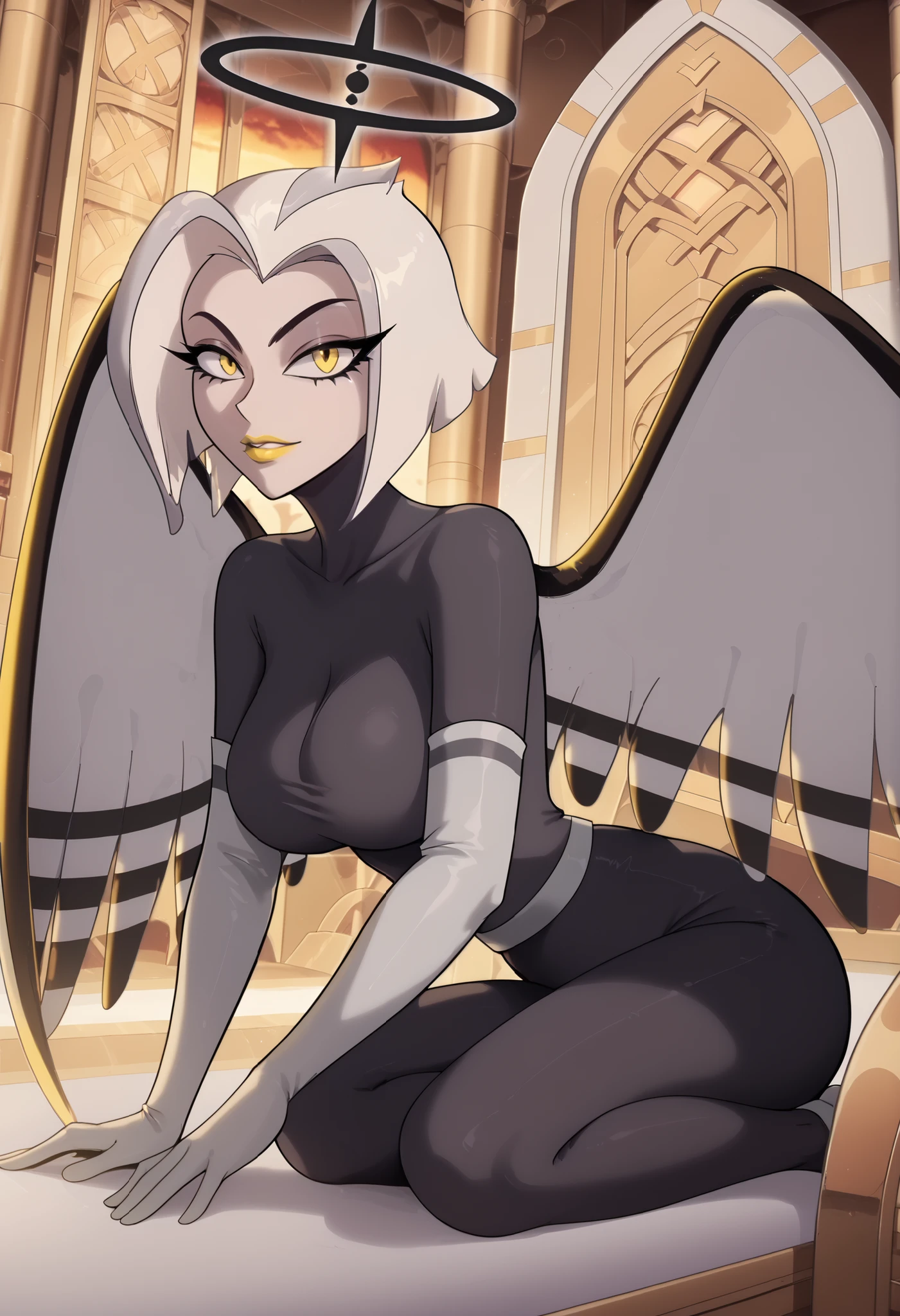 Woman, anime style, large breasts, yellow lipstick, white skin, yellow eyes, white hair, focus on the character, looking at the viewer, angel wings, solo, sitting on a golden throne, side view, illuminated room, white room, golden sky, yellowish sky, gray outfit, white gloves, black halo, Lute, Hazbin Hotel