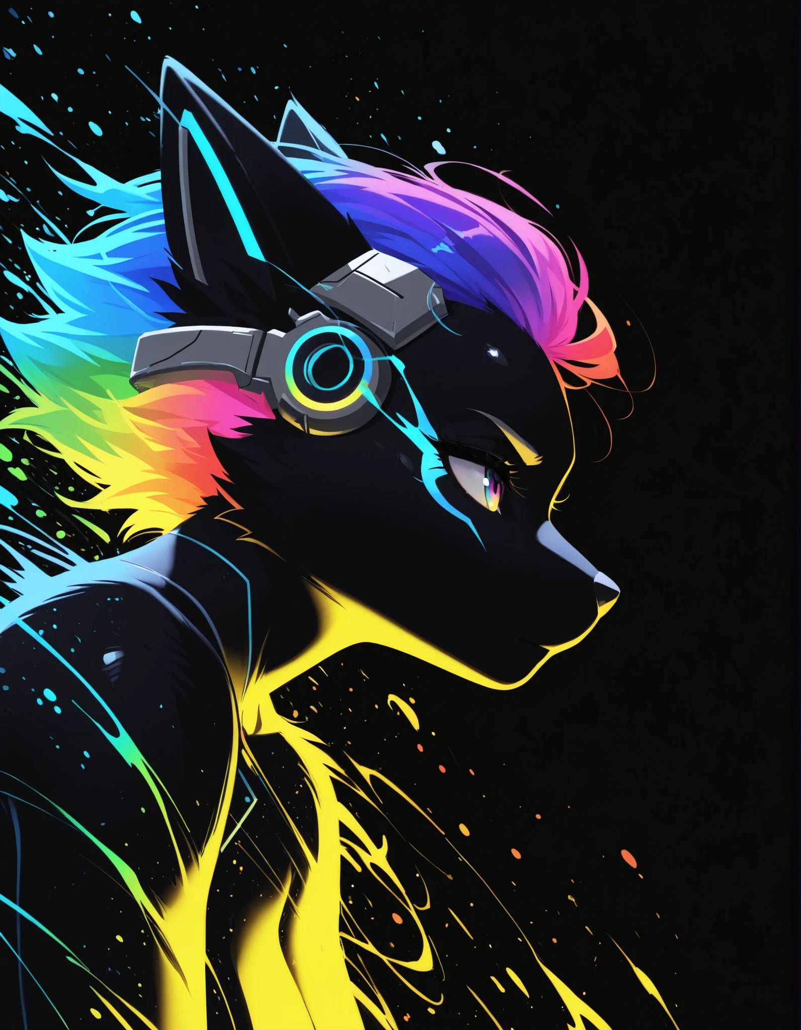 z0nkn3w,, furry girl, anthro, facing sideways, elegant pose, silhouette body, (glossy black fur), (neon outlines), (flat lighting), exploding fractals, liquid neon paint, splash effect, rainbow iridescent hair, gradient glow, (triadic colors), (spot color:1.2), cyberpunk headgear, artistic, abstract style, black background, recursion, film grain, no lineart, high aesthetic,