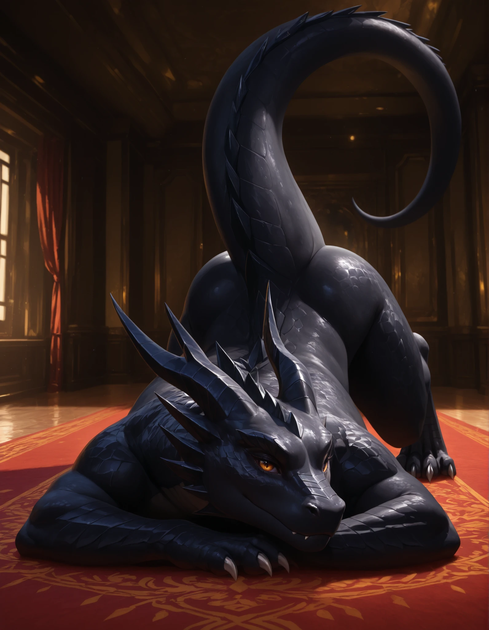 z0nkn3w,, masterpiece, best quality, newest, absurdres, highres, male, side view, feral, solo, dragon, indoors, lying, on front, black body, raised tail, black scales, digitigrade, 4 toes, claws, looking at viewer, (realistic, photorealism, detailed), 