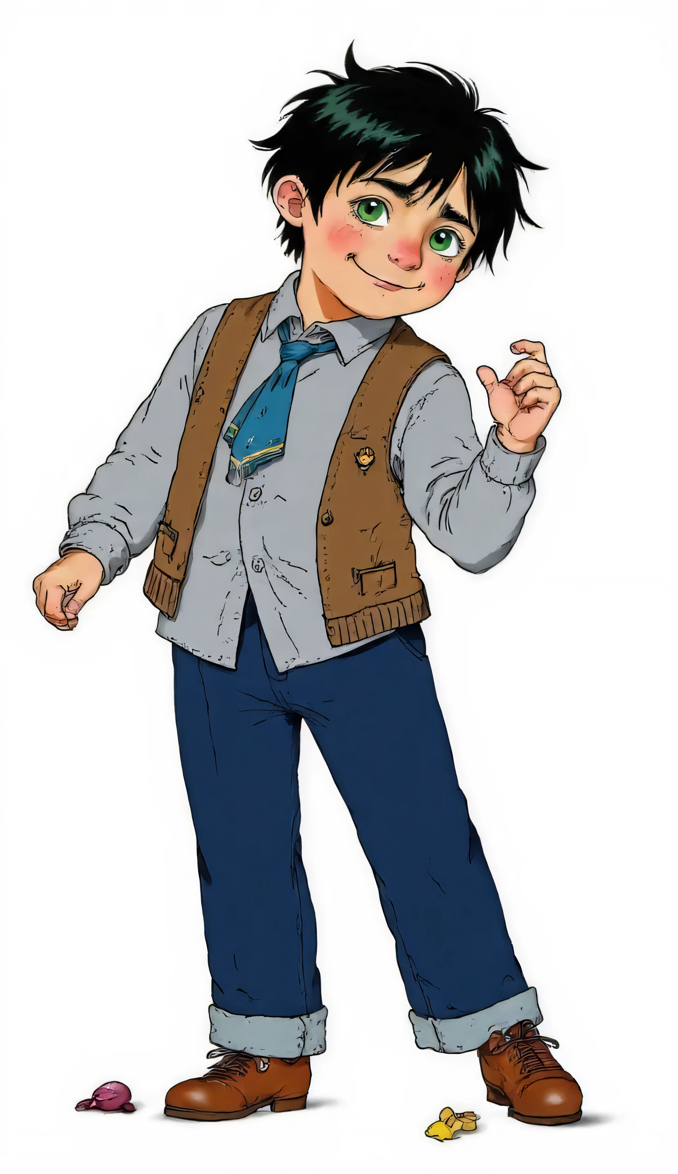 Kind and smart schoolboy Kolya, Russian fidget boy with black hair, face with a cheerful smile and sparkling green eyes, crumpled school uniform with tie pulled to one side, dynamic pose, modern Russian animation style, bright contrasting colors, white background, high quality, children's cartoon