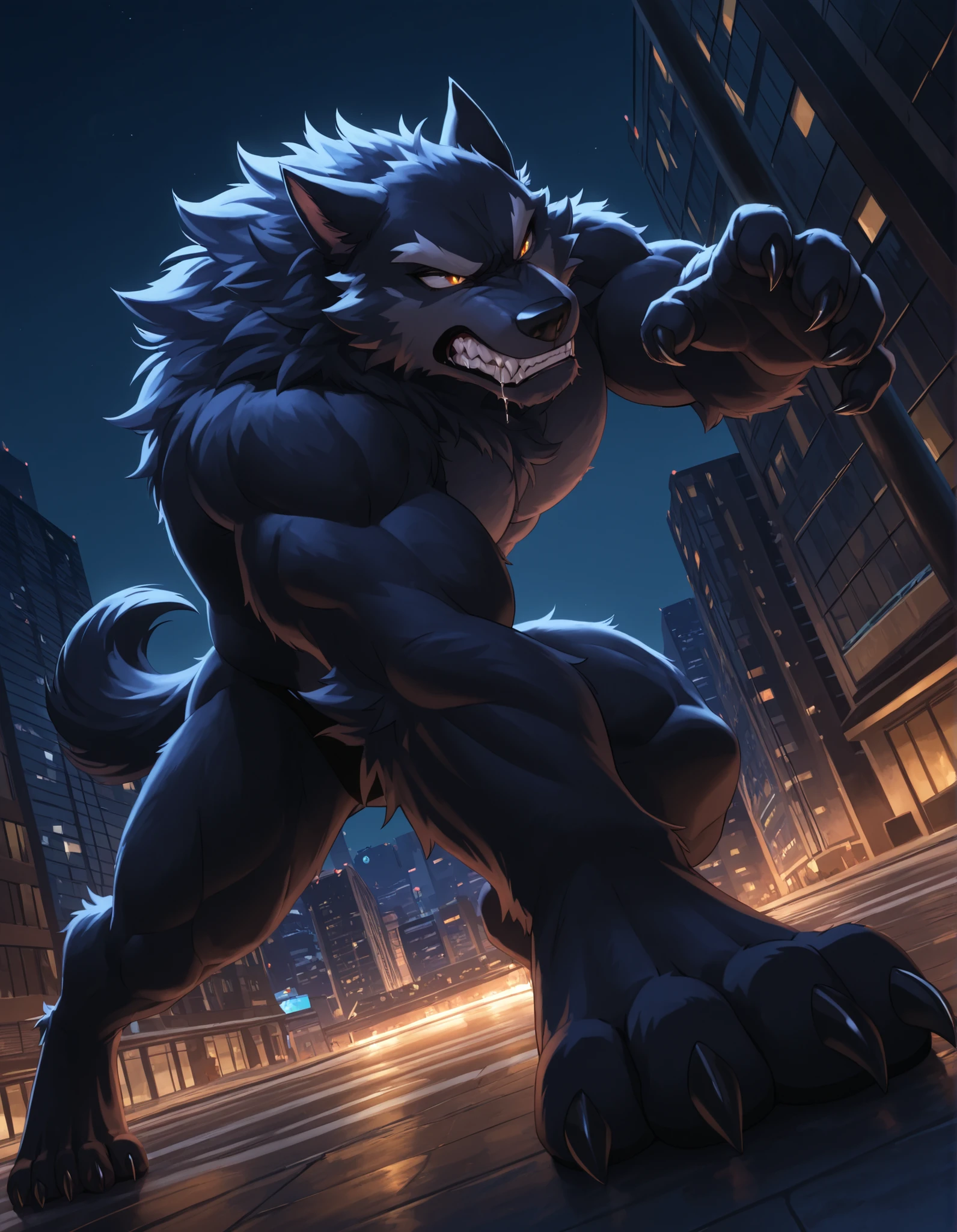 z0nkn3w, masterpiece, best quality, newest, absurdres, highres, male, solo, 1boy, standing, looking at another, muscular, anthro, fur, fluffy, detailed fur, night, city, dark theme, neon, (action pose:1.2), angry, claws, tail, digitigrade, werewolf, teeth, drooling, clenched teeth, 5 fingers,, scenery, dynamic angle, sniffing, toe claws, paws, looking at another, 