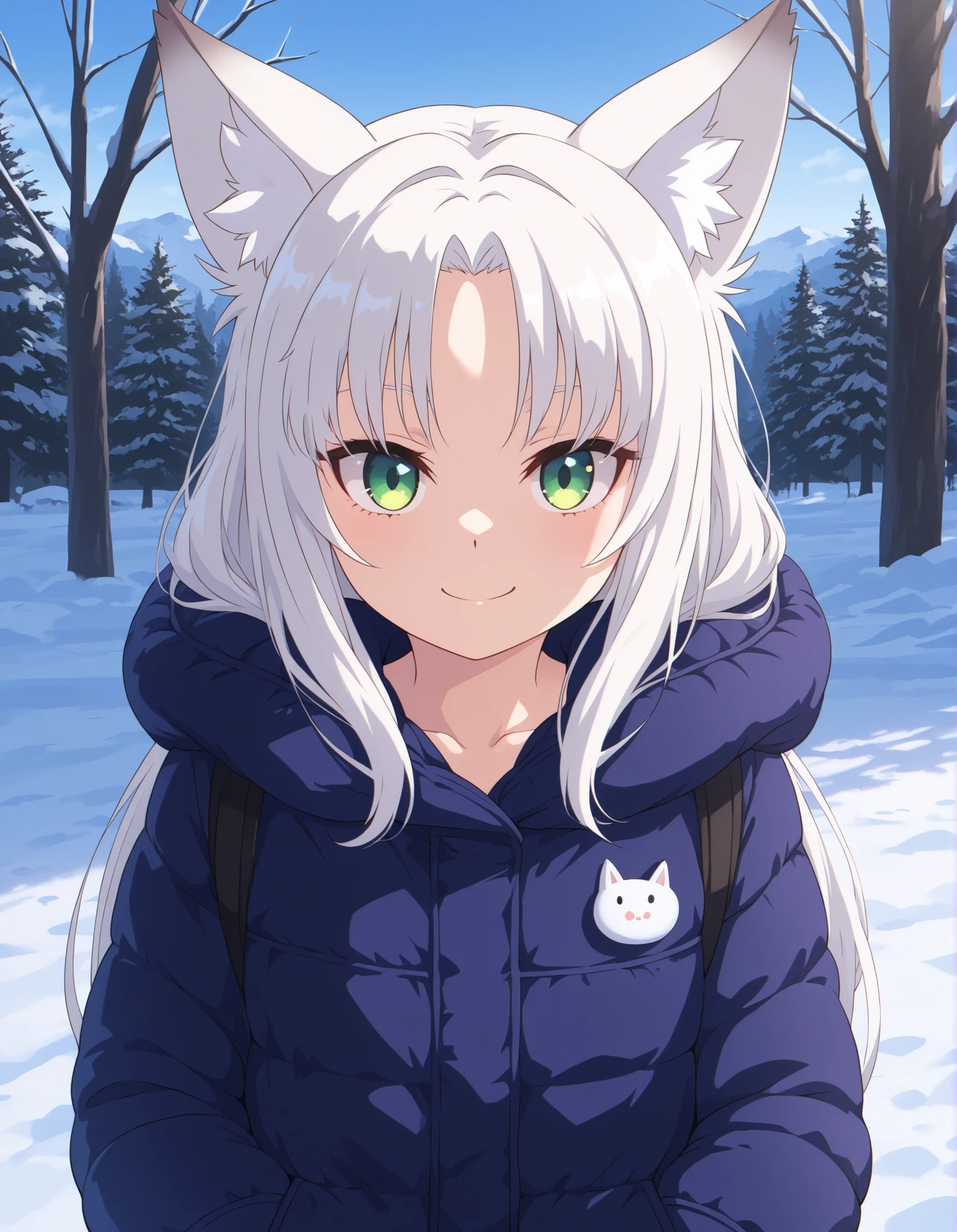 z0nkn3w,, anime, solo, BREAK, young fox girl, skinny and frail, (petite,cute:0.5), green eyes, looking at viewer, long hair, white hair, smile, winter clothes, outdoors, winter