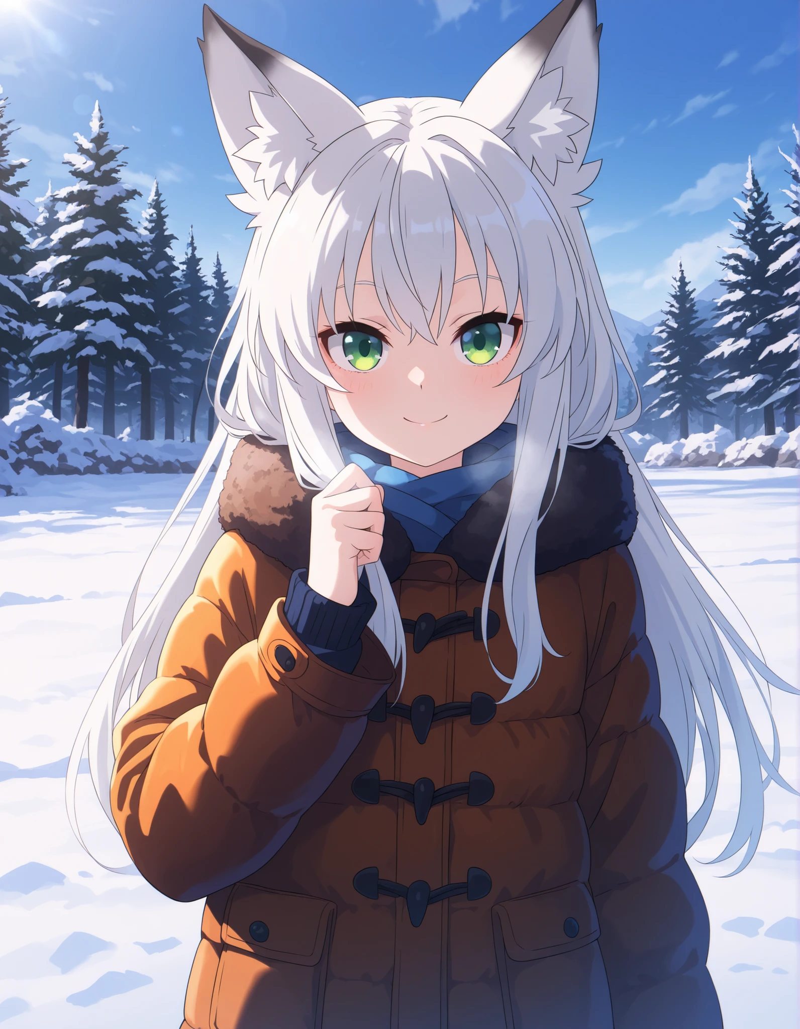 z0nkn3w,, anime, solo, BREAK, young fox girl, skinny and frail, (petite,cute:0.5), green eyes, looking at viewer, long hair, white hair, smile, winter clothes, outdoors, winter
