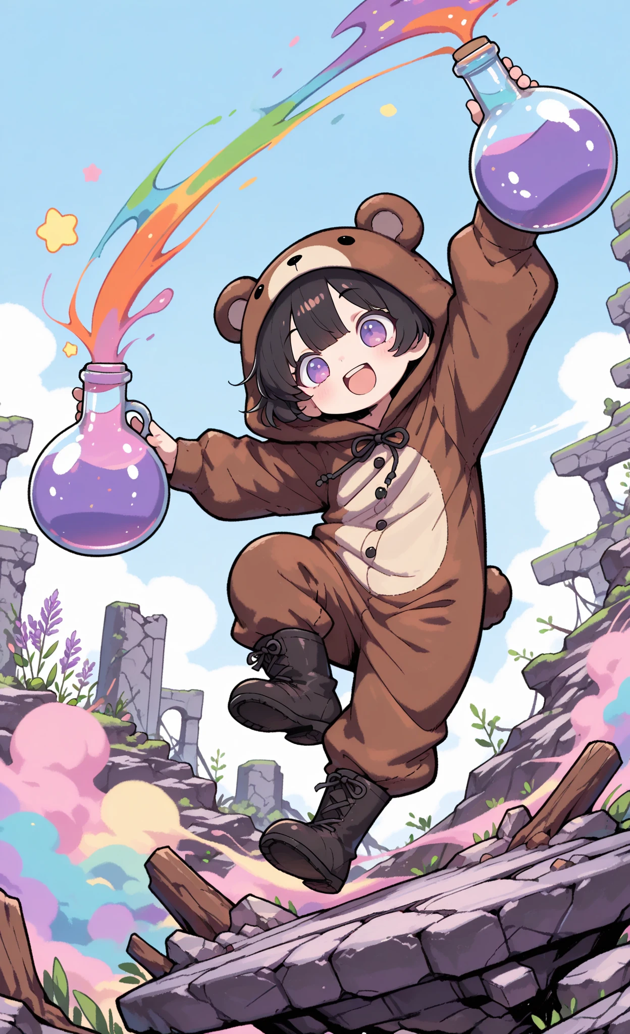 cartoon style, expressive characters, pop colors, dynamic pose, masterpiece, best quality, ultra-detailed:1.3,
Kuma, 1boy, male, solo, short black hair, lavender eyes, wearing brown bear onesie, bear hood, black boots, Ruins Alchemist,
dancing joyfully amid a chaotic chemical reaction in floating stone ruins, rainbow-colored smoke billowing from multiple cauldrons, flying books and swirling ingredients, holding a glowing flask that changes colors, happy little homunculi helpers circling around him, vibrant magical explosion in background, bright blue sky with floating island ruins, comedic chaos, joyful madness, whimsical atmosphere,
cel shading, bold outlines, vibrant color palette, cartoon fantasy
