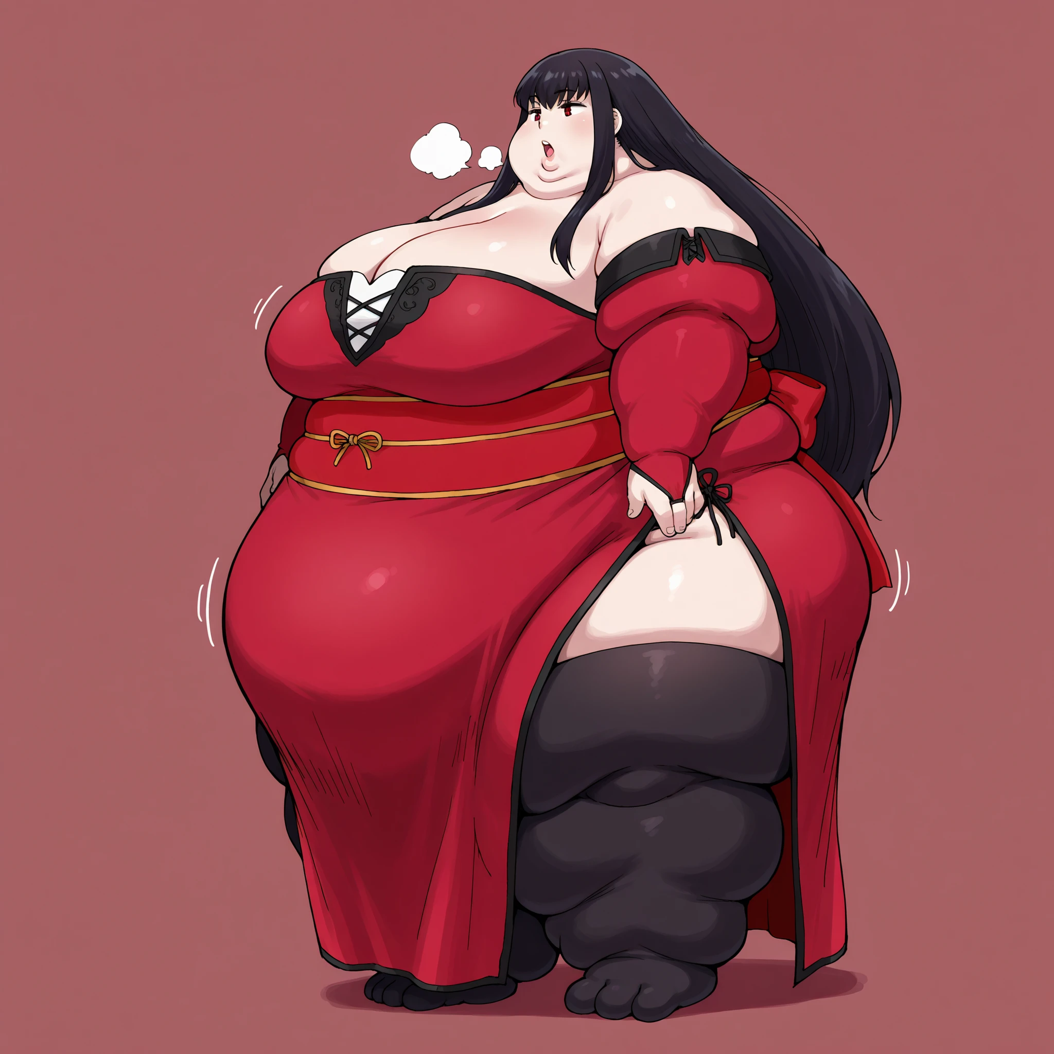 celeste, black hair, long hair, bangs, sidelocks, red eyes,
red strapless dress, long dress, detached sleeves, red bridal gauntlets, sash, side slit, black thighhigh, fat, chubby, obese, fat neck, multiple chins, big breasts open mouth, out of breath, Larger female, full body shot, only head, large head, oversized limbs, large hands, large feet, oversized feet, oversized fingers, big lips, plump lips, fat face, fupa, big fupa, fat fupa, hunchback, side view 
