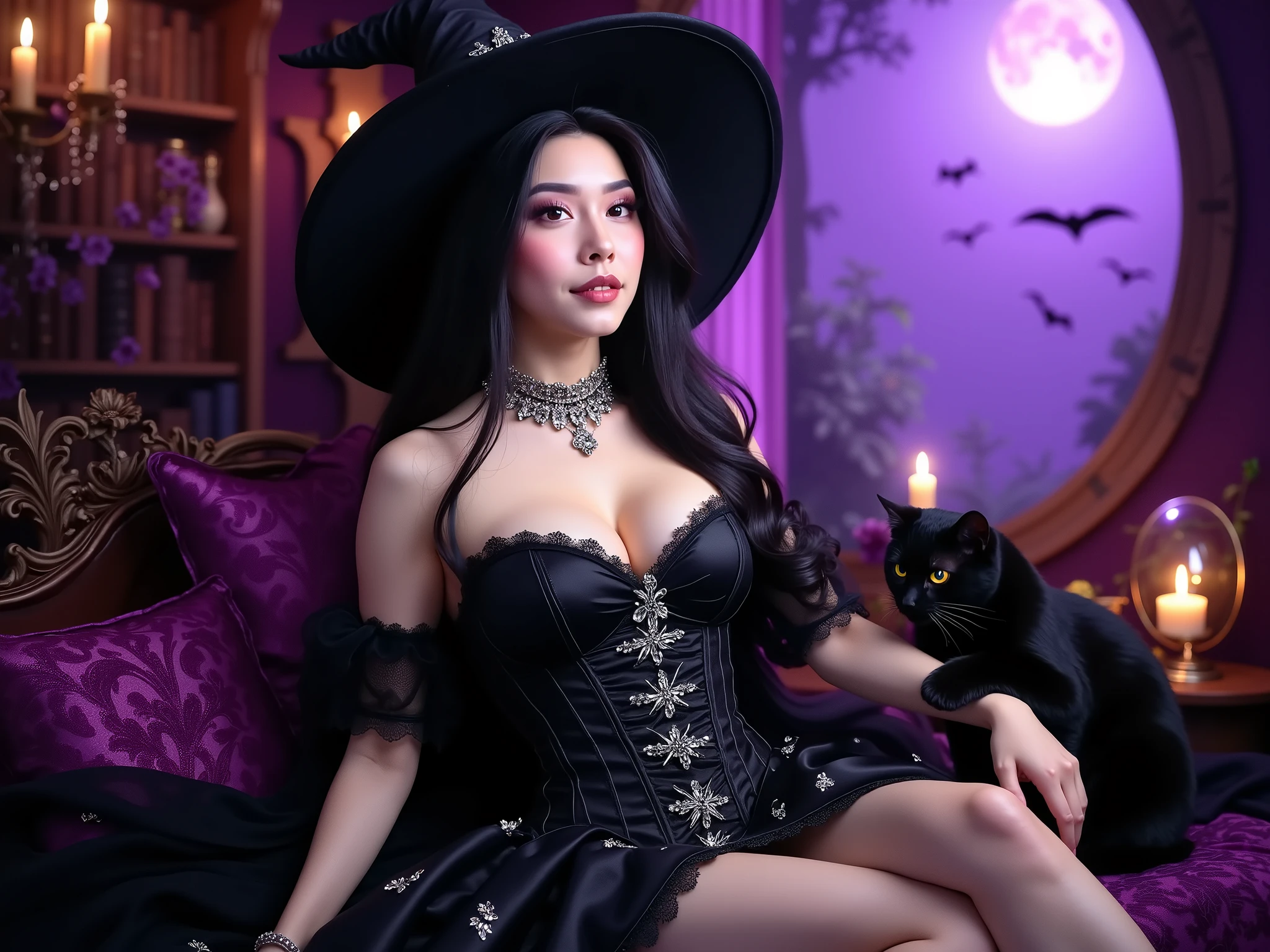 masterpiece, Ultra HD, top quality young witch, long black hair, Purple Eyes, face, Sensual smile,
, deep black corset dress showing deep {x},
waist accentuating silhouette, The lace decoration , Sparkling Jewel Embellishment, choker, wide-brimmed witch hat, Silver decoration, jewels reflecting in the moonlight,
elegant reclining posture, pose, expression, Big black cat, golden eyes, Shiny black fur, Moment of Decision ,
magic necklace on the cat's neck, purple magic pattern, witch's library background, old magic book, magic candle, Correction ball,
full moon seen through a round window, Starry Night Sky, floating magic dust, Purple Magic Particles, Mysterious Smoke,
Shining scales , Moonlight Shadow , sensual atmosphere, gothic fantasy style, Detailed Details, Warm colors , Enchanting Atmosphere