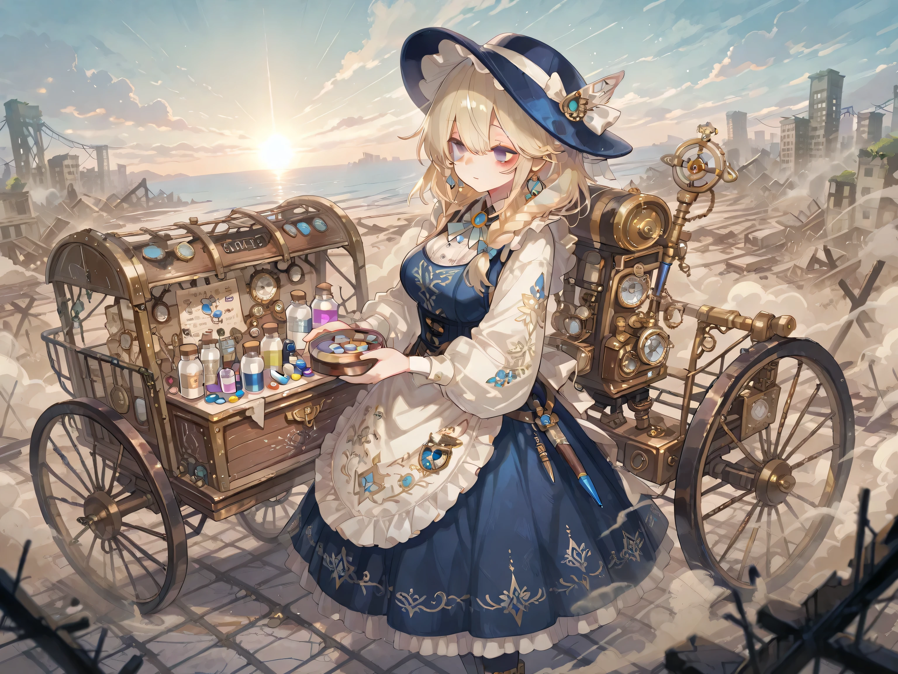 enhanced,(best quality, ultra-detailed, high resolution)、ruins,Distant view、panorama、One horse-drawn carriage\made of brass、steampunk style machine、Choose medicine cabinet \、One Mature Woman\Alchemist Outfit、beautiful blonde hair、precious metal accessories、Lots of magic tools、dark circles under eyes、 standing outside、has a pill bottle\,wilderness、dust、Horizon、Extremely Colored Pill Bottles、
