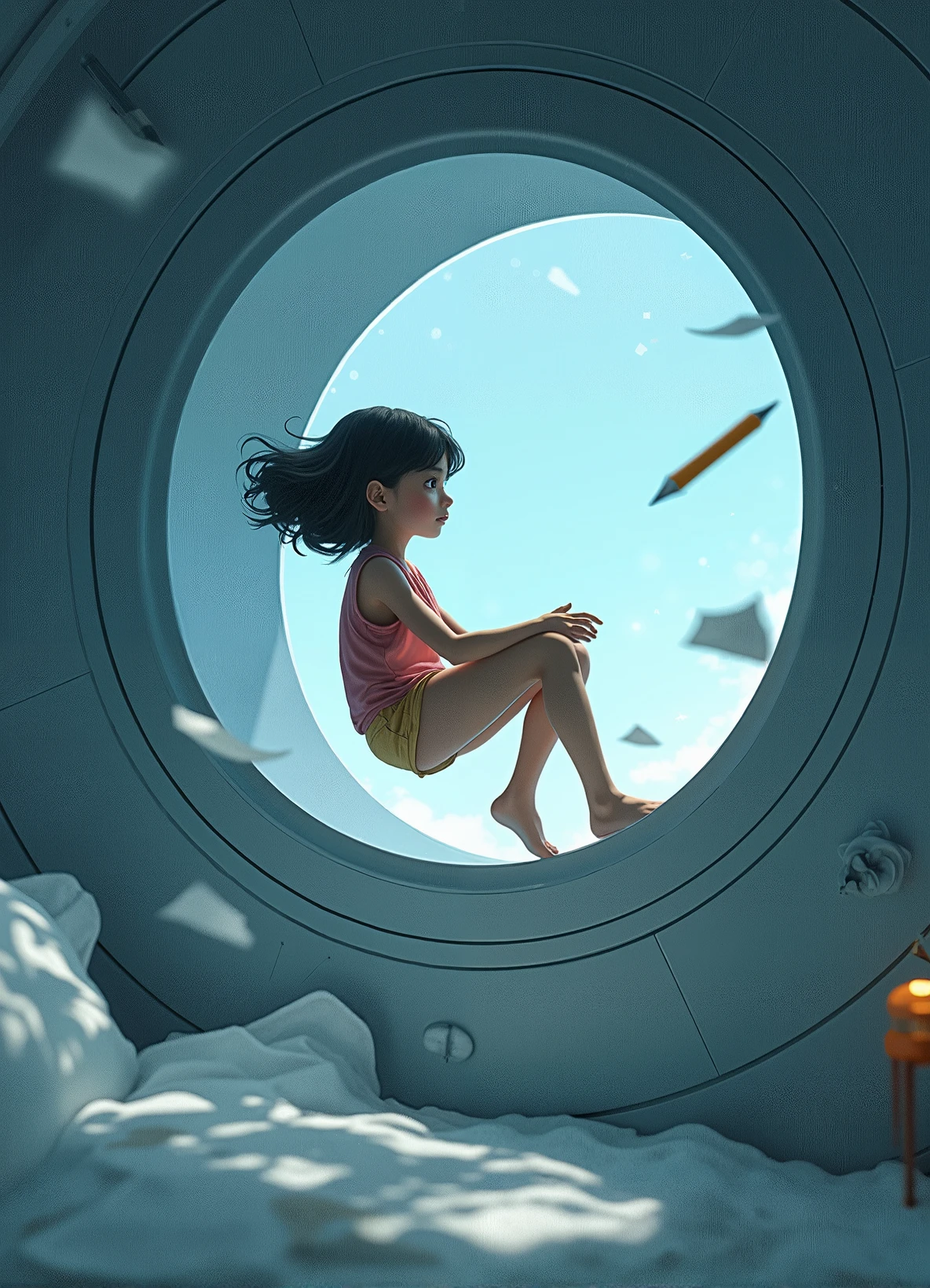 The girl floats in a zero-gravity spaceship, surrounded by drifting paper, A floating pencil, and starlight peeking through a porthole. The scene captures quiet curiosity in isolation. illustrated in a sci-fi conceptual art style, rendered with soft gradients and backlighting. palette of cool and soft, emphasizes realism and subtle surrealism. ultra-detailed interior design, Poetic space makes up the, high resolution.