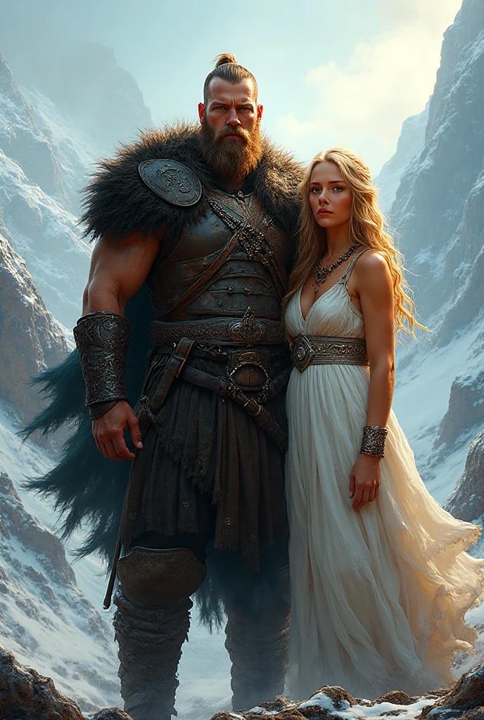 Black Viking left arm tattoo design, a full body muscular viking man and beautiful blond woman showing big busty ass without clouds, muscular legs, holding big sword with right hand, brown hair divided with bangs, perfect realistic blue eyes, wearing warrior leather shoes, wearing warrior boots, lake and mountains in the background.
