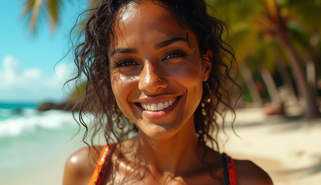 (best quality:1.5), (hyperrealistic:1.5), 23 year old skinny salvadoran woman, messy short black haired, brown eyed, tanned brown skin, wet hair, wet skin, standing in the sunny beach, in an all white bikini, ripped abs, toned abs, back view, frontal view, side view, smiling