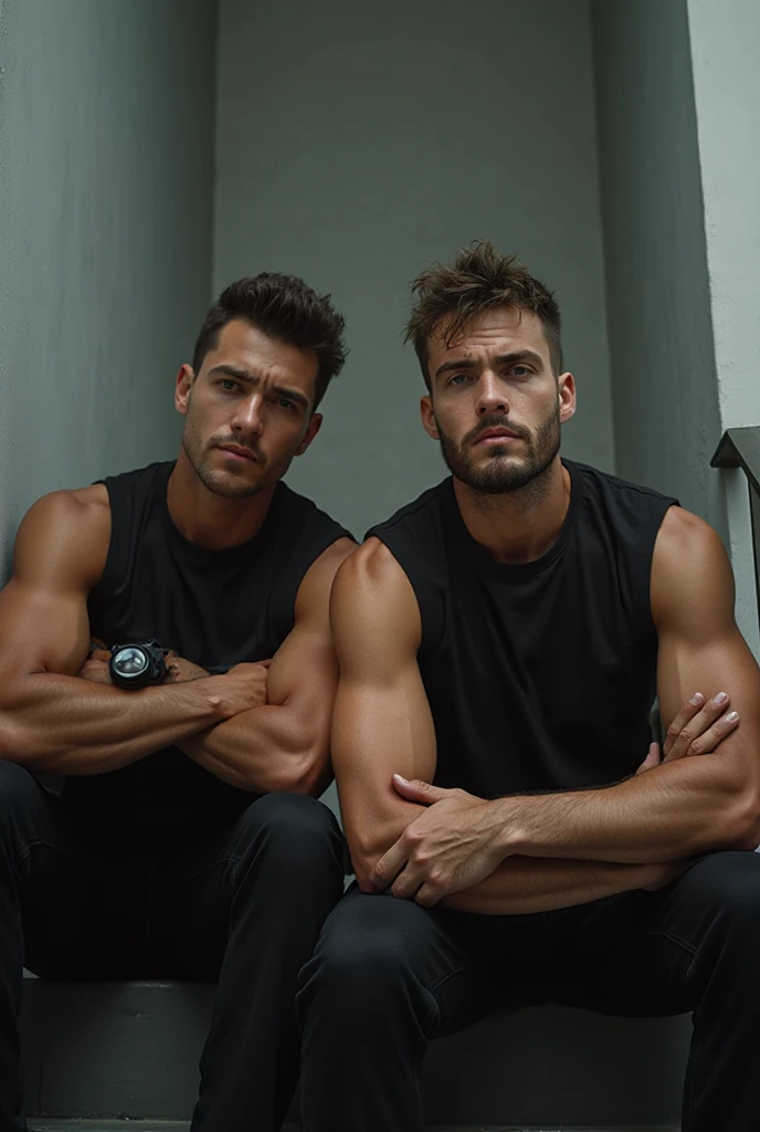 realistic photo, full body view, a white gay youngman sitting on a sofa in a shiny white adidas Chile tracksuit, brown undercut, in white socks covering the bottom of the jogging pants, with another young white european man standing next to him, in a shiny black adidas Chile tracksuit, very short hair, dirty white socks, no shoes, they are satisfied, theirr dirty white socks must be seen, very modern gay bar desert, evening. both looking  with pierced , rings, necklaces, bracelets 