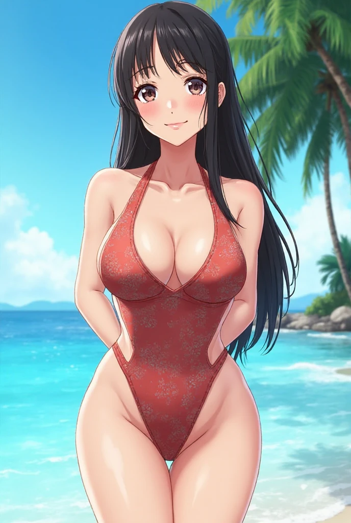 Black hair, completely ,  , abs, female, athletic ,massive tits, short hair, , beach, serious face , red irises, red eyes, long hair, pale skin, bangs, , 