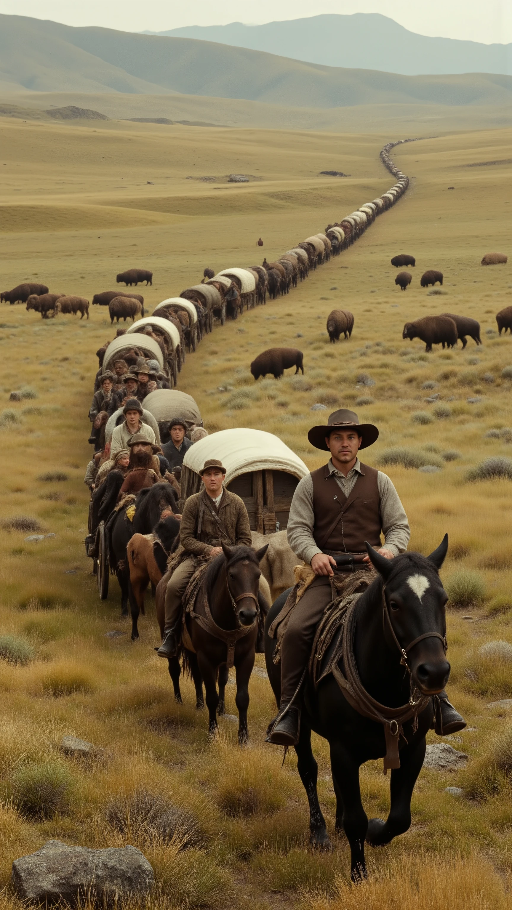 highdefinition images、gold rush、everyone in the Wild West aimed west、A line of covered wagons and mounted horses、advance through the plains while watching groups of buffalos