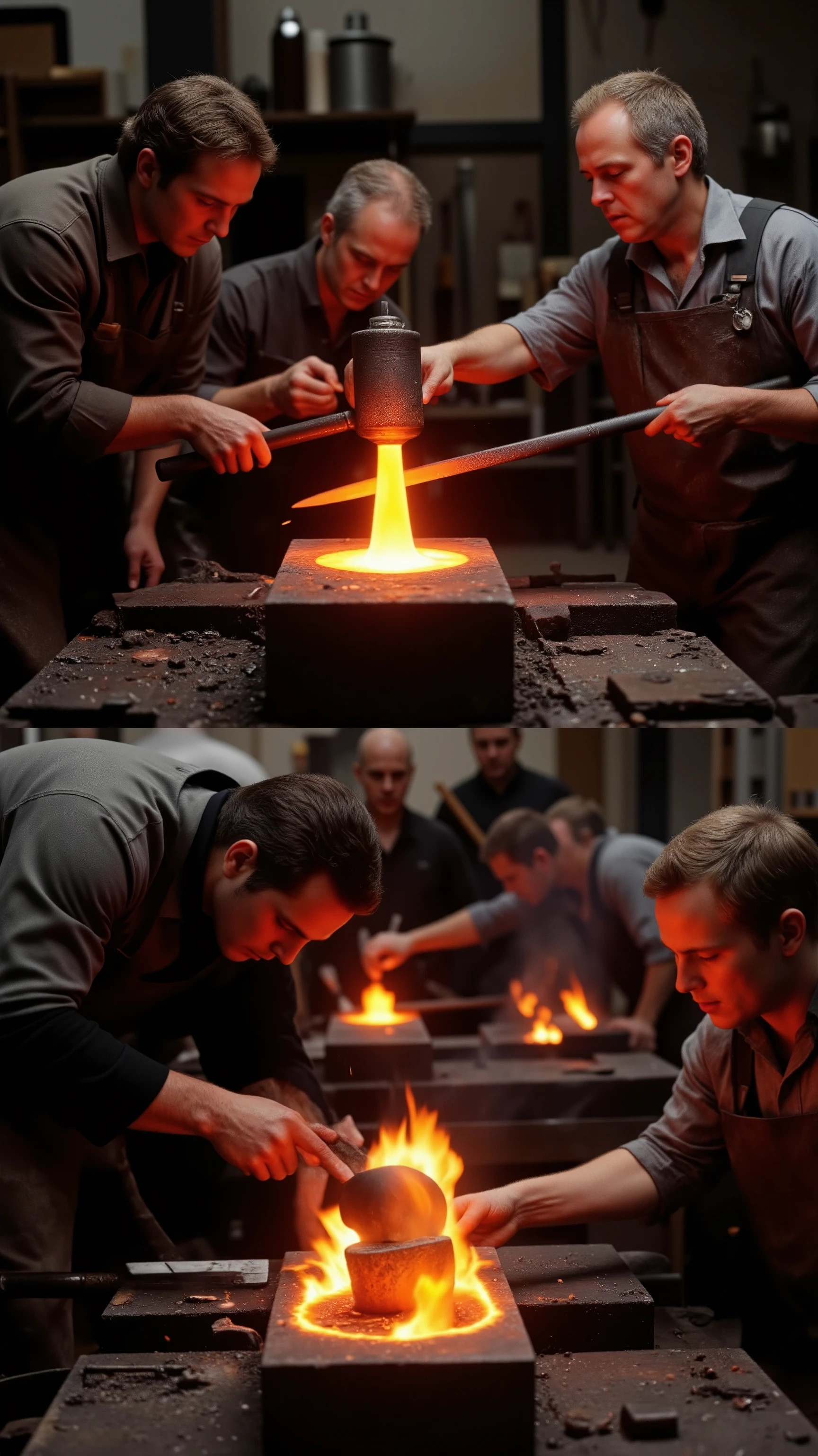 highdefinition images、Tatara Steel Manufacturing、craftsmen make still hitting a bright red sword、The appearance of several craftsmen、ダマスカス鋼を作る