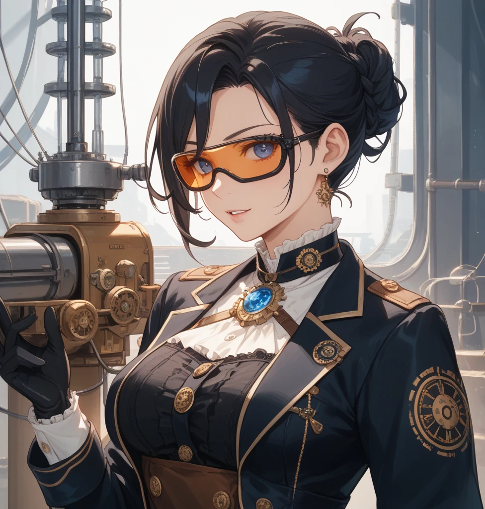 (masterpiece:1.3), (disorganized:1.3), (highest quality:1.3),(perfect :1.5),(detailed face), solo,1 middle age woman around 50 years old,(Steam Punk), (Victorian era),Hong kong,(Kowloon),horizontal angle,hands,((looking at viewer)), (Super detailed:1.3),(best shadow:0.7),saggy ,(treated silver hair),extreme pixie cut,fine eyes, beautiful eyes, 1 mature woman, ((saggy small )),alone, standing, crystal earrings,closed_mouth, arm_behind_return,French military police uniform,Gendarmerie nationale uniform,skirt,rest outdoors, intimidating pose,cowboy shot
