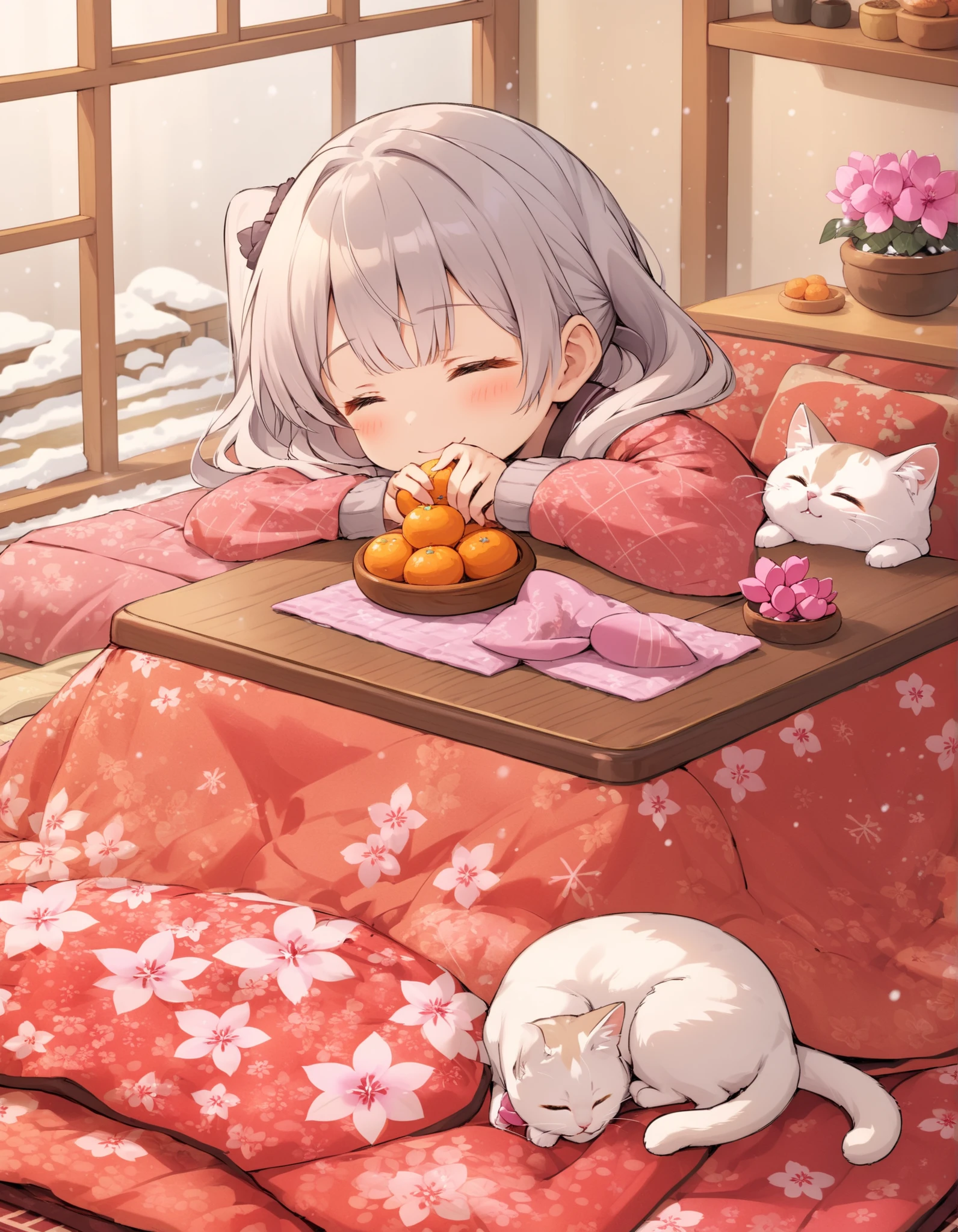 long silver hair、A beautiful girl with twin tails、Smile Yang、 snow falling outside the window 、 warm room、eating the tangerine placed on the kotatsu、The cat is sleeping on the side of the kotatsu、The room is decorated with cyclamen