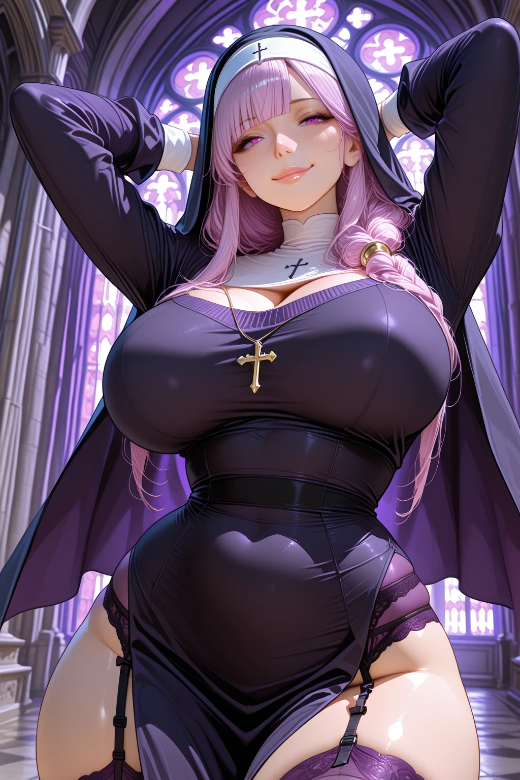  Young Beautiful Woman ,( best quality, very detailed depiction, incredibly absurd high definition,Curvaceous Body),(Nuns,複雑な光沢のあるのNunsの服),(Intensely glowing purple eyes,Crazy Eyes,There is cleavage in the chest, shiny skin,Glossy lips,Beautiful legs,Beautiful thighs),( bewitching smile,Seductive gestures),sweat, full body image ,background:Bedroom at night