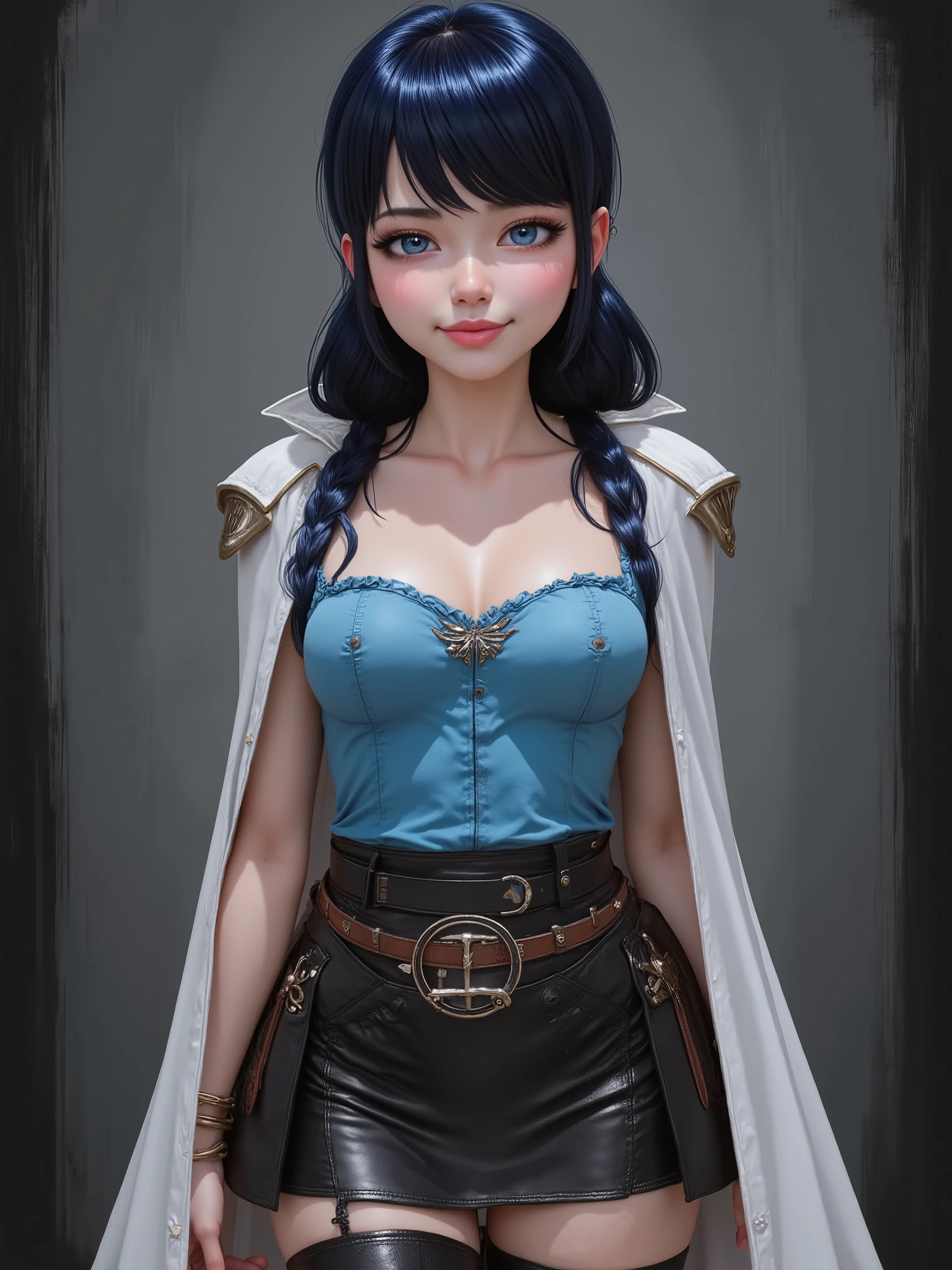 marinette Dopanchan, A very beautiful and cute 22 year old woman with a slight smile. Sharp focus on the face, (((western eyes))), (((extremely detailed blue eyes, beautiful eyes, beautifully detailed eyes))), (((delicately detailed thin pink lips))), (((long hair, shiny hair))), (((white cape with chromatic gold details))), (((brandeis blue medieval steampunk style sleeveless t-shirt:1.5))), (((petroleum black medieval steampunk style leather warrior short skirt))), black thigh-high boots, (((full body view, dynamic pose, standing, graceful pose))). (((The background is Dark Gray and painted with expressive, visible textures using dynamic brushstrokes and strokes that add depth and movement. The paint covers only the area just behind the subject. The outer edges of the image with black margins, as if the background had been painted with a brush and with expressive and visible textures using dynamic brushstrokes and strokes fading toward the edges creating a modern and artistic vignette effect))). Cinematic lighting, soft depth of field, (((masterpiece/high resolution/Best Quality/top quality/high quality/UHD/16k quality))), sharp focus, no blur, film grain, bokeh.