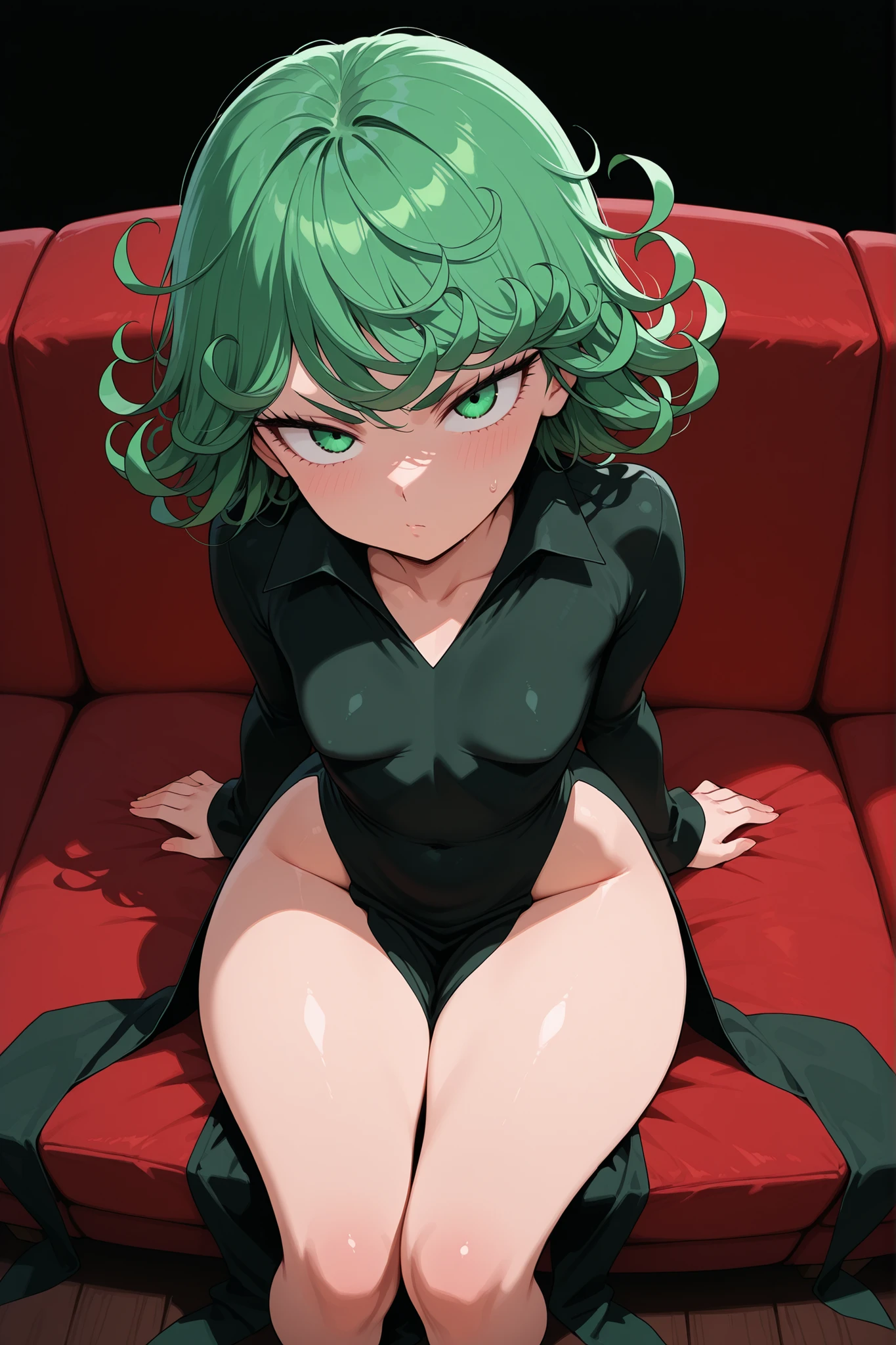 masterpiece, best quality, amazing quality, very aesthetic, absurdres, newest, simple black background, 8k, nsfw,
1girl, zzTatsumaki, petite, green eyes, green hair, (one-punch man), short hair, curly hair, mature female, solo, perfect face, round face, looking at viewer, black dress, wide hips, visible legs, thick thighs, above focus, above shot, sitting on white couch, perfect thighs, visible thighs, 