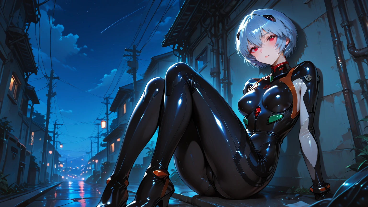 Highest quality、8K、(Bunny girl)、Fishnet tights、High heels、Silver Bunny Suit、View Viewer、Angle from the front、、Place your elbows on the floor、smile、Futuristic Living Room、indirect lighting、Room with houseplants、From the window you can see the valley between the city buildings、Night view、Silver short hair、Beautiful eyes、Beautiful Face、Delicate eyes

