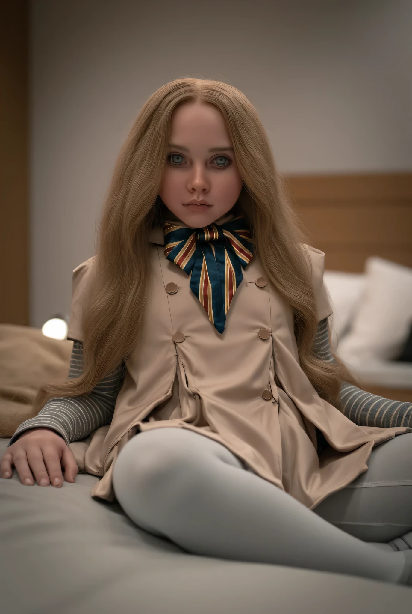 Ultra HD, 4K, ultra détaillé, cinematic, a photograph of Cinematic M3GAN a girl with cheveux longs, image parfaite, Corps parfait, anatomie parfaite, image nette, image détaillée, film Kodak, photographie de haute qualité, Style M3GAN, Seul, cheveux longs, regardant le spectateur, allongé sur le dos yeux bleus, cheveux blonds, bouche fermée, yeux verts, ouvrir les vêtements, seins nus, énormes mamelons, soulever la jupe, élévation des jambes ,chatte, spread chatte, Lèvres, chatte juice, arrière-plan flou, chambre, sur le lit, bel éclairage,