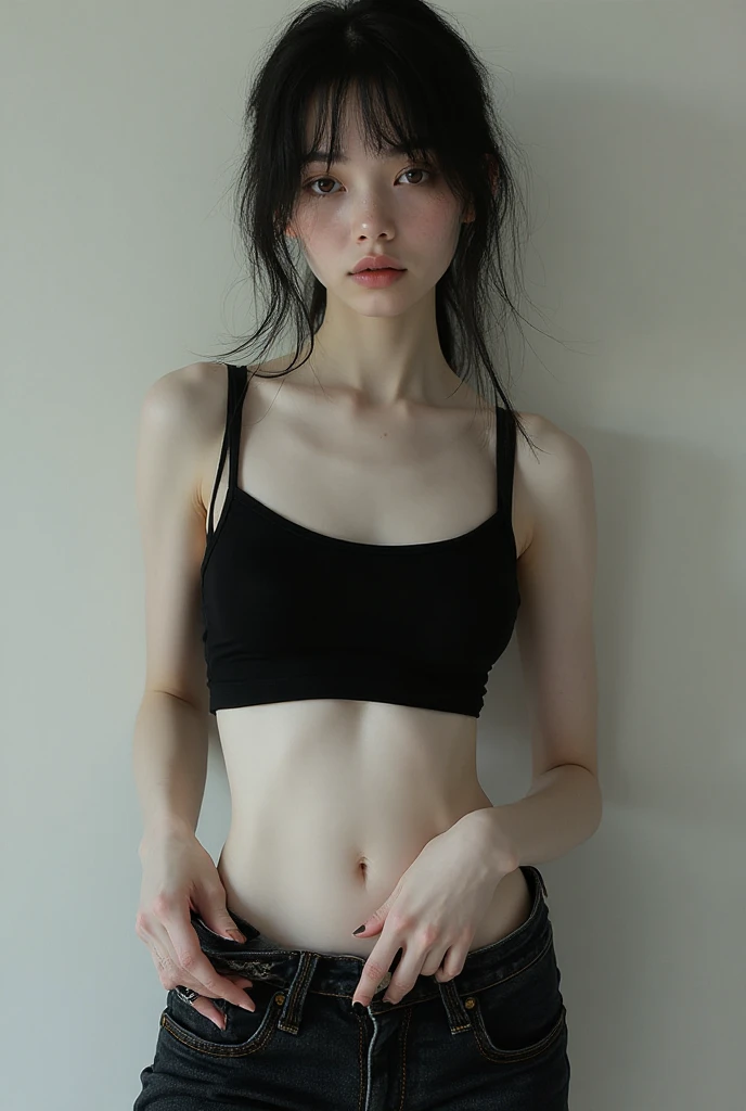 a woman, very thin body, body visible bones, very slender, sweaty wet body, pale white skin, , ,tatto, full body, has a mental breakdown in a room, sit on sofa , high detailed