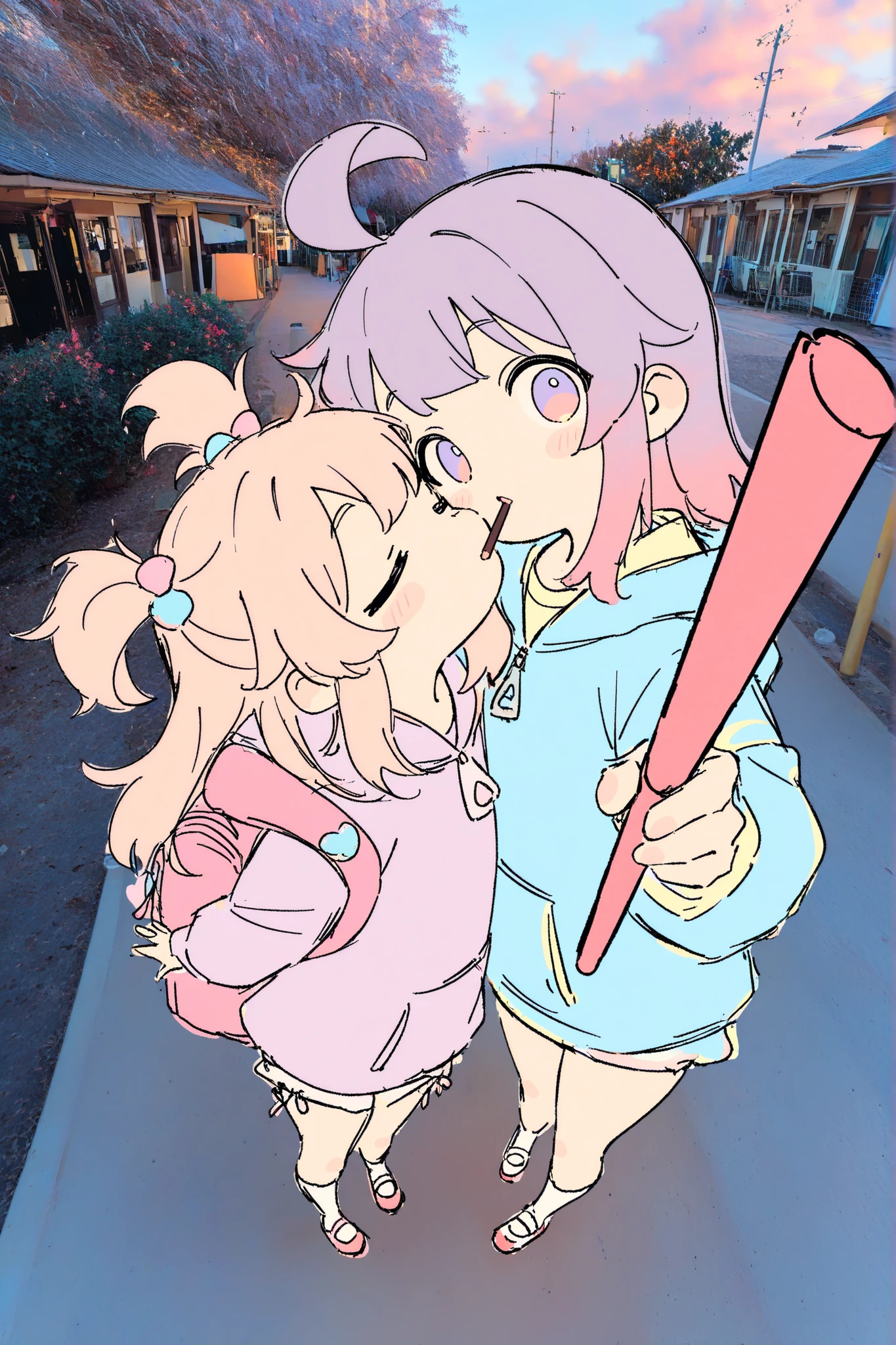 Pocky、Pocky Kiss、Hold up the Pocky、A smile、2girls、Clothes full of zippers、Zipper、𝐟𝐚𝐬𝐭𝐞𝐧𝐞𝐫、(Pastel Color: 1.5), 、A smiling face with closed eyes、Open your mouth just a little、masterpiece), (Highest Quality), high definition, Pocky、Pocky Kiss、Hold up the Pocky、A smile、2girls、 ハーフトーン
photo background:classrooms