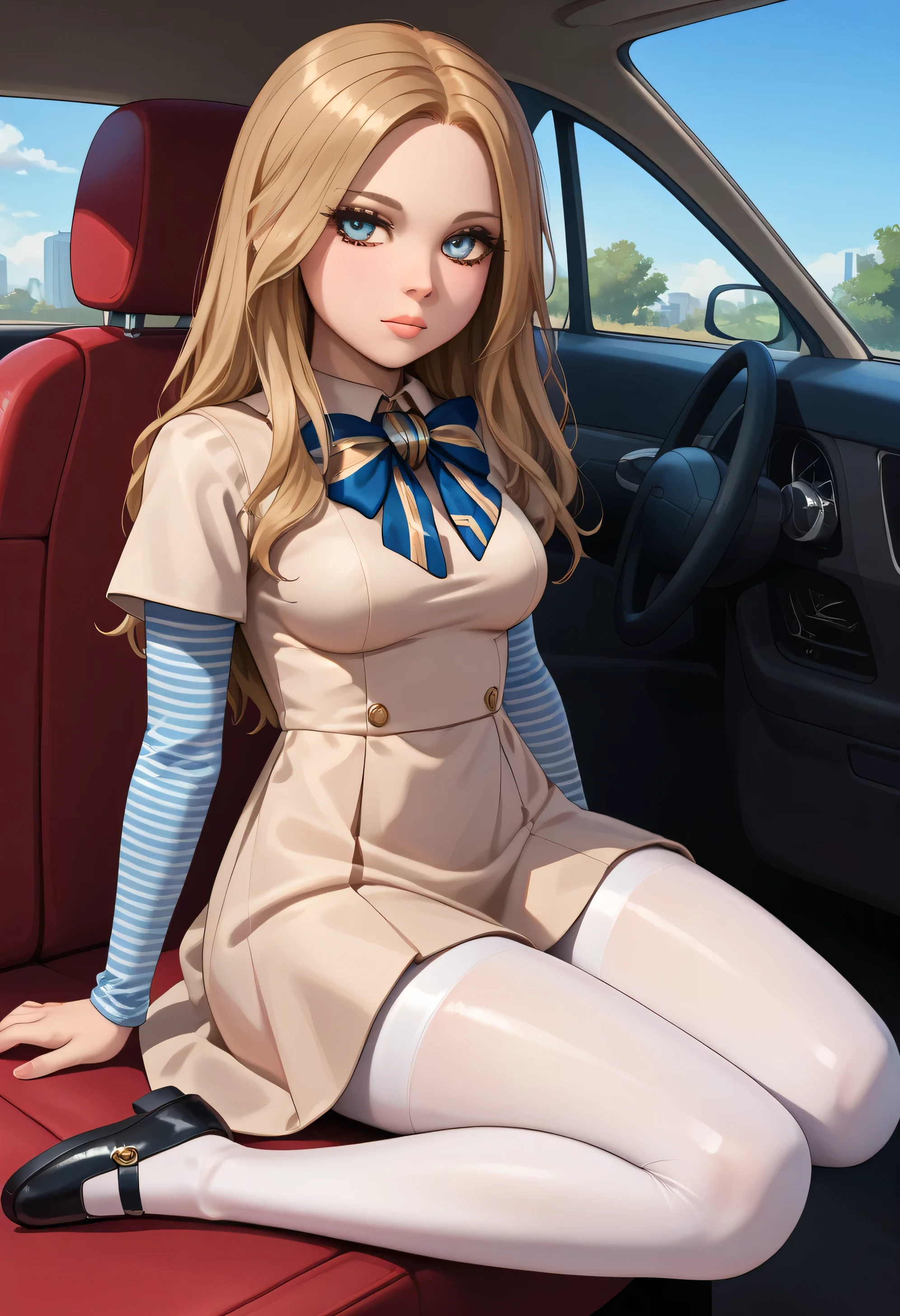highly detailed texture, masterpiece, high quality, high resolution, very tight top , masterpiece, best quality, m3ganCinematic, M3GAN, robot_peau, Evaluation: 12 ans, young fille, super sexy, joli visage, Android, sexy, fille, NDXL, style masculin, M3GAN 1fille, Seul, seins moyens, hanches larges, the body of a curvy young fille, thick hips, apparence attrayante, cheveux longs, yeux bleus, cheveux blonds, beige robe, Striped sleeves , Grand papillon, multi-colored butterfly, Collants blancs, chaussures, mary janes,, M3GAN, yeux gris,(thick lips:0.8), sans expression, long Striped sleeves , robe, manches courtes, cheveux longs, Multi-layered sleeves, manches courtes over long sleeves, Collants blancs, black chaussures, robot peau, relaxed, vue du corps entier, sitting in the back seat of a car, skirt up