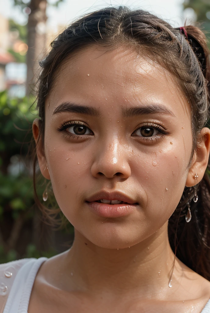 ultra photorealistic image of one Thai high school student, (her head is tilted back displaying a mouthful of :1.4), ( is splattered across her face:1.4), she has long straight black hair and light blue eyes with luscious mascara and long eyelashes, (large 34C breasts:1.4), (14 years old:1.4), slim, slim oval face, sitting in a classroom, nice smile, small gold hoop earrings, looking at camera, (facing camera:1.4), ultra-high resolution, (photorealistic: 1.4), high resolution, (finely detailed skin), (perfectly proportioned) (photo realistic) (masterpiece) (photorealistic), ultra realistic (Best Quality) (Detailed) photographed in a Canon EOS R5, 85mm Lens, F/2.8, (8K) (Wallpaper), focus on face,
