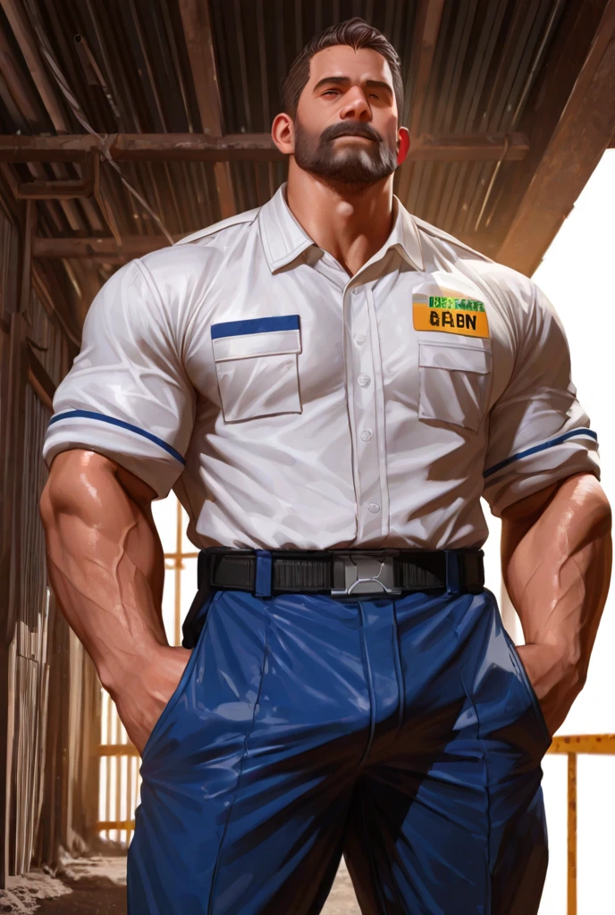 1 man,(Skinheads hairstyles) ,black eye,(Wear a fitted round neck t-shirt in navy with a police badge.:1.3),(fit neck),Navy blue jeans,(black_gloves), Korean guy,chest muscles,large arm muscles,blood vessel,Big muscles,Broad shoulders, smile, middle of the road,(full_shot:1.6),(In the bread shop:1.2),