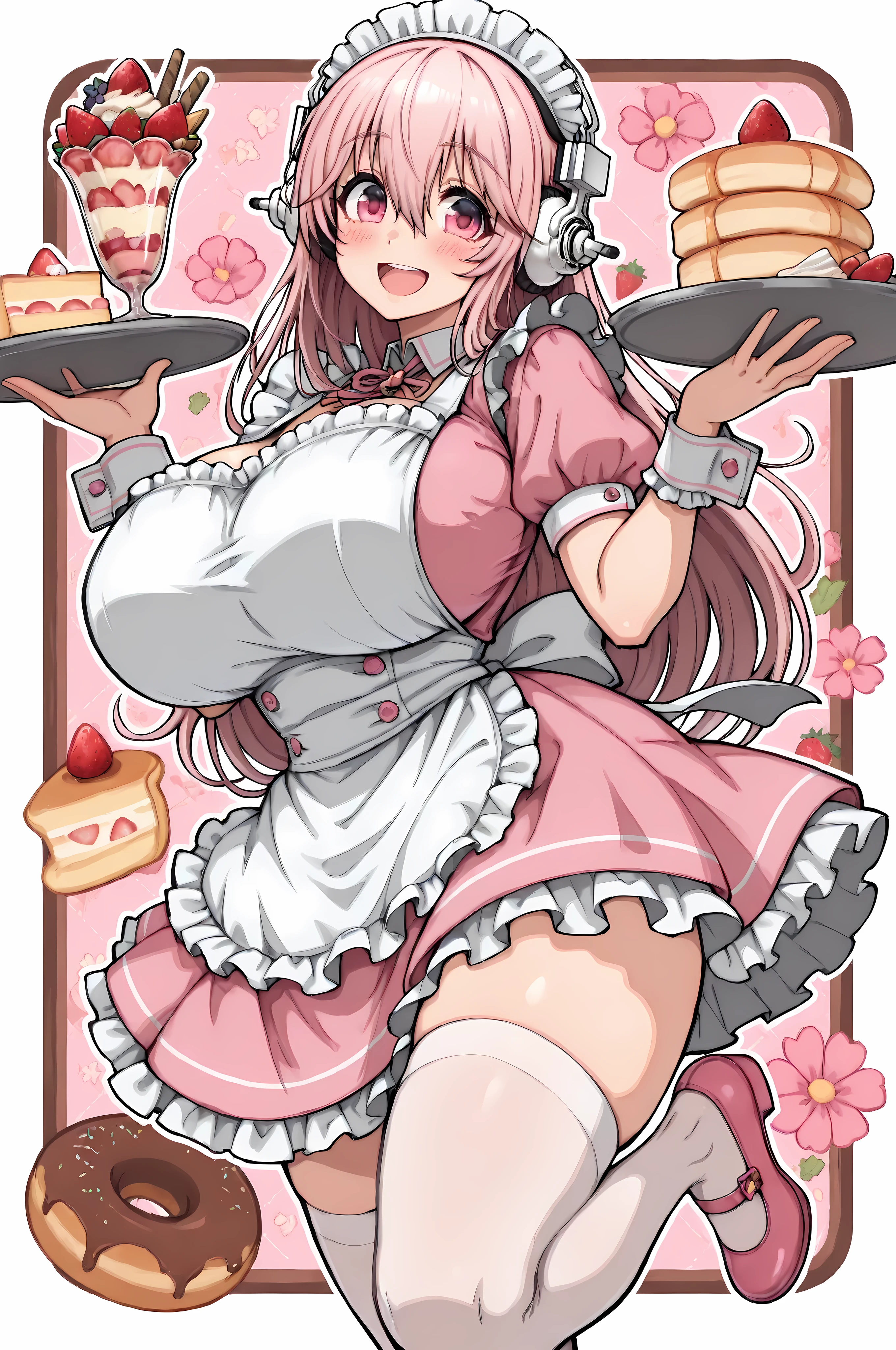 masterpiece, best quality, 1girl, solo, tray, long hair, large breasts, frills, hair between eyes, standing, fruit, frilled apron, white apron, blush, super sonico, holding tray, looking at viewer, nitroplus, food, frilled dress, white thighhighs, wrist cuffs, donut, food-themed background, pink hair, thighhighs, pancake, gigantic breasts, headphones, holding, dress, pink eyes, pink footwear, pink flower, cake, parfait, swiss roll, shoes, cupcake, smile, pancake stack, flower, maid headdress, open mouth, standing on one leg, pink dress, apron, strawberry shortcake, very long hair, maid, strawberry
