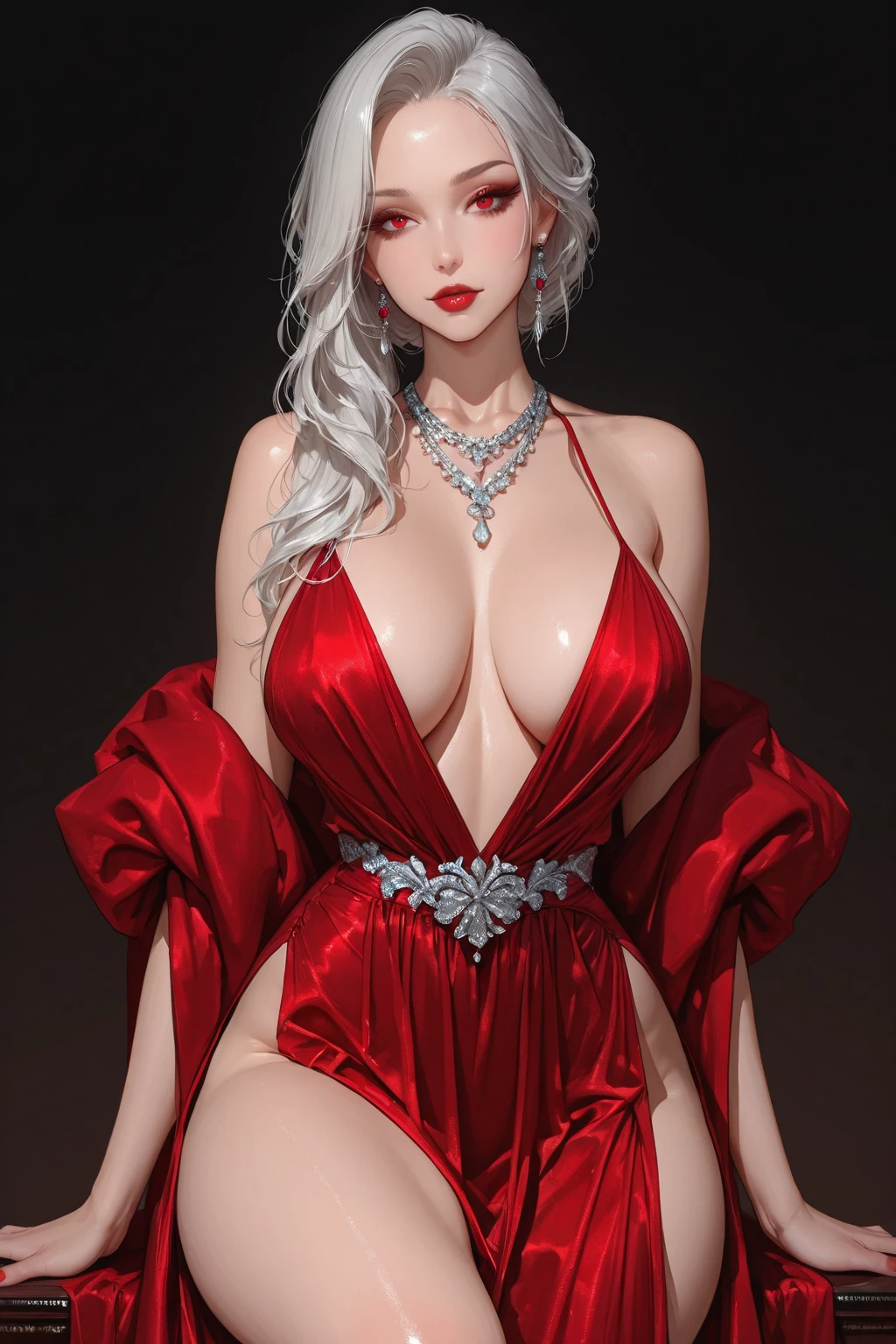 Super detailed, high resolution, beautiful queen,(gothic clothing:1.2),1 plump girl, fractal art，cyberpunk background，any pose，(((red rose tattoo on ))) ，（Extremely exquisite and beautiful work），Visible all over the body, full-body shot, photo, masterpiece, quality, Cyberpunk’s dizzying cityscapeeautiful dark eyes, Gorgeous redhead, White skin, slim belly, Perfect ，Delicate hands，red clothes), The facial details are very rich, delicate eyes,(((huge)))，(((huge臀部)))，(((long legs，livestock)))，(((There  a silver moon in the background)))，(((Red tattoos replace all red clothing)))