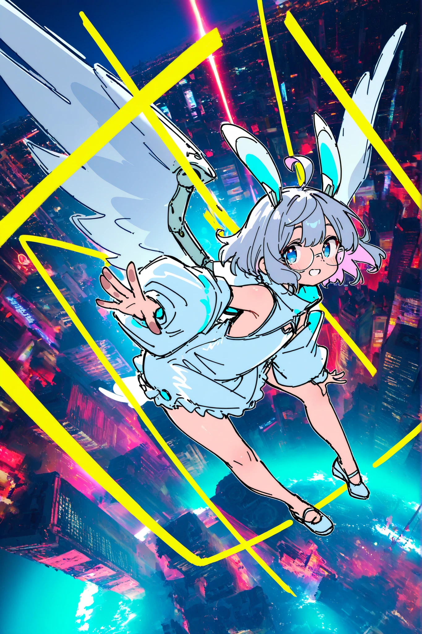 yukina、笑顔、 Chinadress、メカ兎の耳:1.8、兎の尾、, mechanical details,futuristic mechanical  ears, white and chrome plating, holographic accents, neon cyan inner glow, smooth armor texture, subtle particle effects, high-tech interface details, gentle reflections, anime android aesthetic、 elegant, ethereal, sci-fi, cyberpunk, armored, intricate details, glowing accents, celestial theme, divine, majestic, fantasy, advanced technology,latex、soft lighting,Midea, pop,fashion,High Resolution, extremely detailed,、,Smiling face,Bangs above one eye：1.3，Eyes are hidden by bangs、Glasses(Glasses)、Mechanically made wings、Mecha rabbit ears：1.8, silver short hair, and glasses. in a full-body, side view with a Dutch angle.  falling,against glass,, 、floating hair、 silver short hair, blue eyes, , Angel Wings, ,pastel color:1.5),, (Watercolor:1.2),振り向いて横から

 photo background:宇宙空間