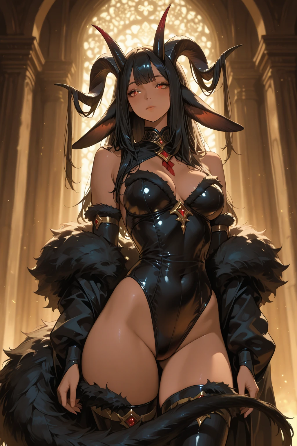 a ???? lady with medium ???? ((C-Cups)) and tiger ears in a circus dress and robe, elegant dress, 1girl, ???????, tiger ears, solo, tiger tail, gloves, ??????????????, dress, looking at viewer, long hair, indoors, covered navel, black gloves, thighs, black dress, elbow gloves, bangs, ???? shoulders, black hairs, red bright eyes, tiger ears and long tiger tail, pin straight hairs, atmospheric perspective, volumetric lighting, good lighting,, masterpiece, best quality, highly detailed, extremely detailed cg unity 8k wallpaper, illustration,((beautiful detailed face)), best quality, (hyper-detailed ), high-resolution illustration ,high quality, highres, sidelighting, (illustrationbest),highres,illustration, absurdres, hyper-detailed, intricate detail, perfect, high detailed eyes, gorgeous eyes, perfect lighting, (extremely detailed CG:1.2)