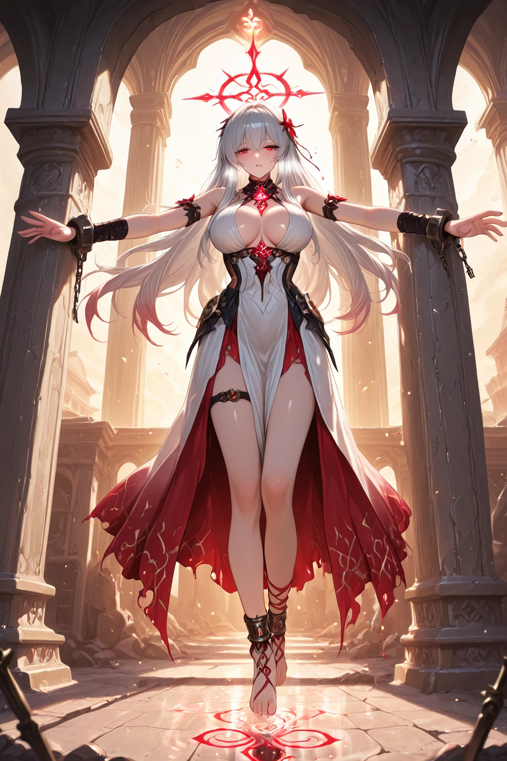 dancer, red dresses doll, showing off, masterpieces, HD, 16K, white hair, white eyes, red rope, scale up, perfect body shape, ghost, spirit, children, 14 years old, cute, spiral, red ribbon, ???????? lolita, underboobs, ????, mind break