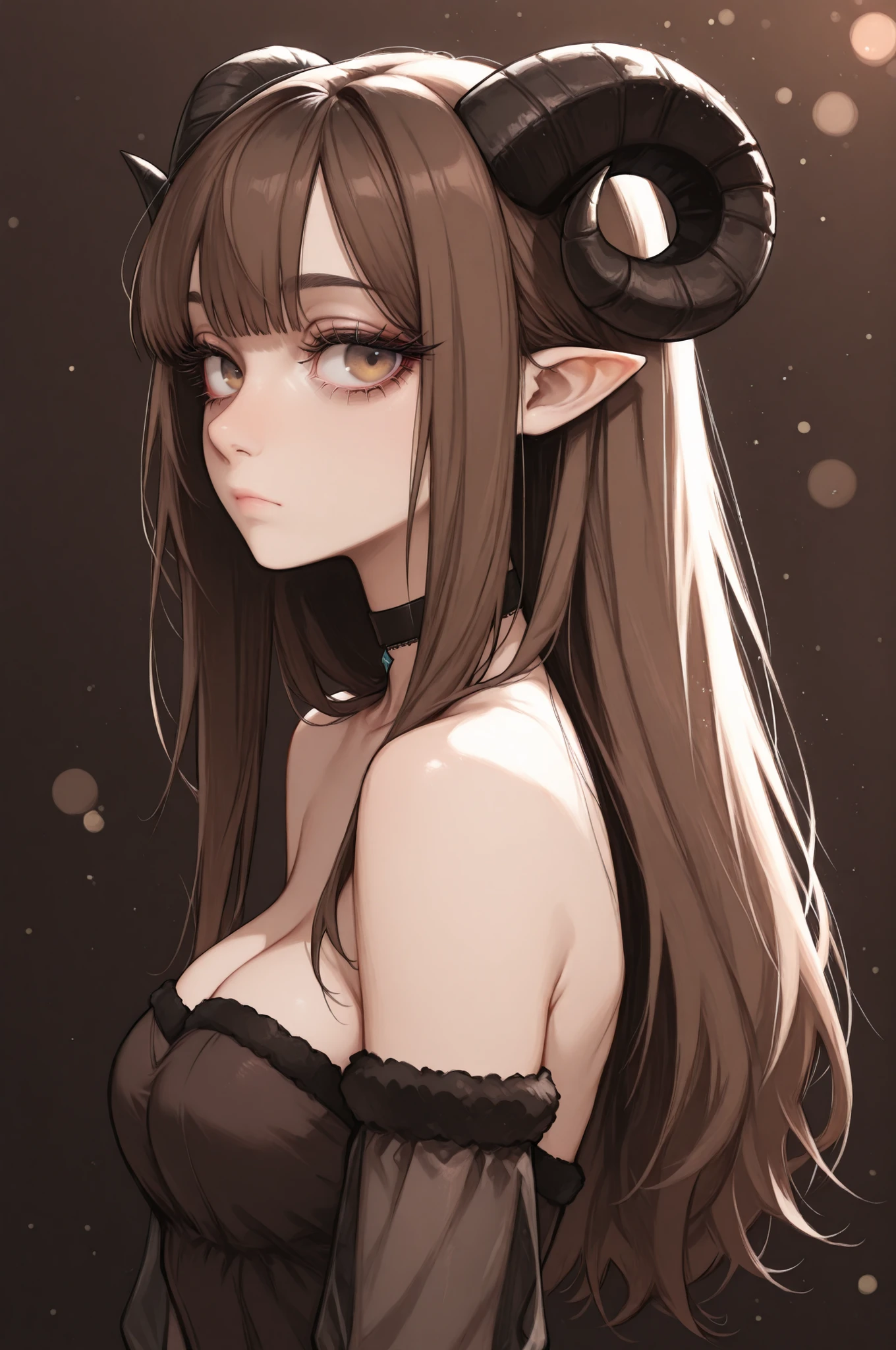 1girl, horns, solo, long hair, pointy ears, looking at viewer, brown hair, bare shoulders, , upper body, sheep horns, , light brown eyes, dress, choker, curled horns, straight hair, breasts,, detached sleeves, , brown dress, nose, from side, , , brown hair, , eyelashes, , see-through, hazel eyes, looking to the side, strapless dress, demon girl, light particles, brown background, bangs, , backlighting, gradient background, bokeh,