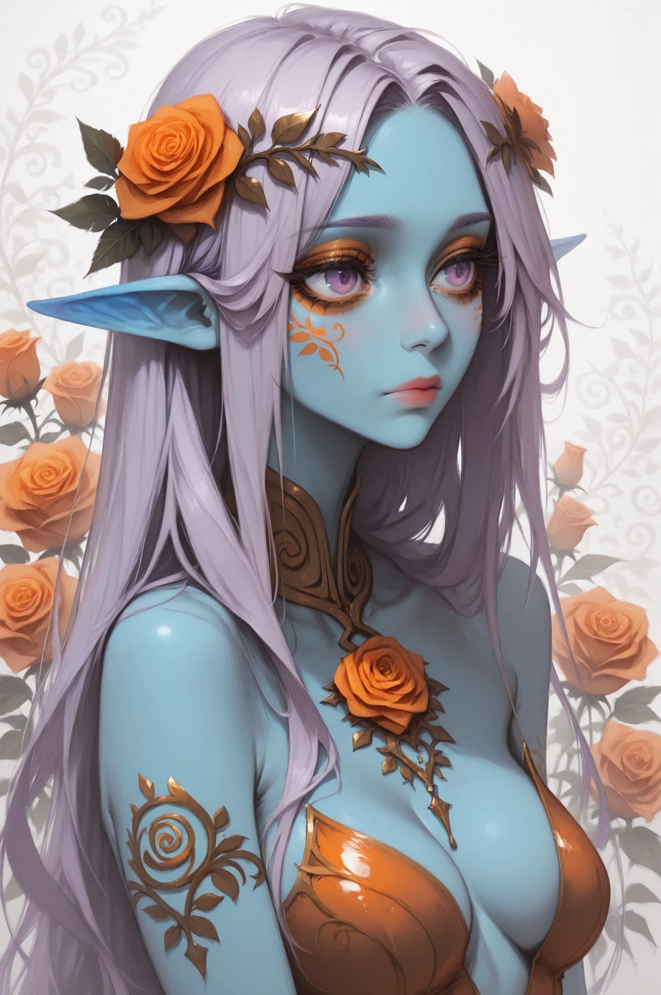 semi realistic, painterly, digital painting, blue skin, ethereal elf girl with long, flowing, light purple hair, wearing a delicate orange and rose-gold adornment in her hair and around her neck. Focus on soft, pastel, and muted colors with a light, whimsical style and detailed,  facial features, emphasizing soft highlights on the skin and hair and intricate, delicate patterns, holographic details, masterpiece, best quality,absurdres