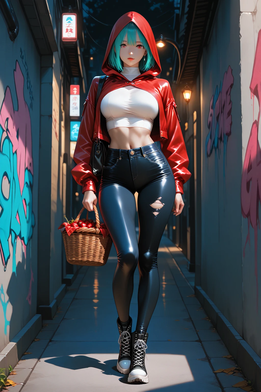 asterpiece in the world)), art rich in colors, ((Realism)), (Brazilian woman), (extremely beautiful girl: 1.2), mature,  woman, (full body), (semi-naked girl),  pose, (Crisp face), (one eye is bionic), (ponytail hair with variations), shaved and braided hair on the side, hair, blond, black, red, random hair lock color, perfect body, strawberry mouth with shine, mouth little open, eyes symmetrical,  look, beautiful eyes ultra detailed and with brightness), makeup, perfect hands with 4 fingers and a thumb, full  and rounded medium and laterally, tendency  of the Brazilian, small and round , and protruding ), (pubic hair barely visible), piercing in the navel, tattoos on the body, tattoo style Irezumi, thin waist, tanned skin,  marks on tanned skin, metehumam skin, hyper detailed skin with visible pores, small discolored body hairs, bionic, legging, (transparent crystal plastic top: 1.2), (transparent plastic bag), (transparent crystal plastic fabric), wet with sweat, (see through fabric), Cyber Punk style jacket, high heel shoes, ((Metropolises night city of Cyber Punk night background extremely detailed: 1.4)), cyber punk walking npcs, parked sport bikes, (billboards: 1.2), glass cover, disco, alley, beach, landscape, neon, wet floor, glow efect, (8k resolution: 1.2), (Canon EOS R6), Artstation trend, Lumen[, sharp, Unreal 5, photorealistic art, Ray Tracing, (High Dynamic Range 10 plus), surrealism, shadow, stereogram, Lens Flare light, (hyper realistic light and shadow: 1.2) ;