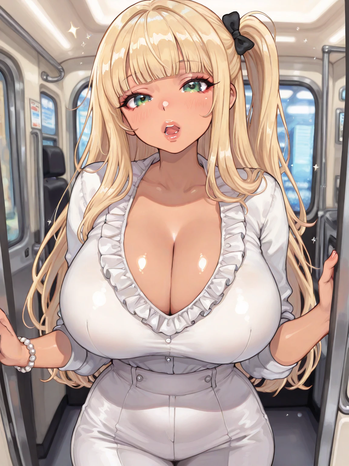 roseoriana-hairstyle, drill hair, yellow eyes, blonde hair, white shirt, long sleeves,  shoulders, jeans, , motherly, mature female, big tits, mature woman, huge tits, , , curvy, , lifting the shirt, sweating, open mouth, tongues out, drooling, in a train, on the passengers seat, sitting, ((best quality, masterpiece, high resolution)), detailed face, detailed eyes, (good ), ((( on tits))), (((White liquid))), ((( on face)))