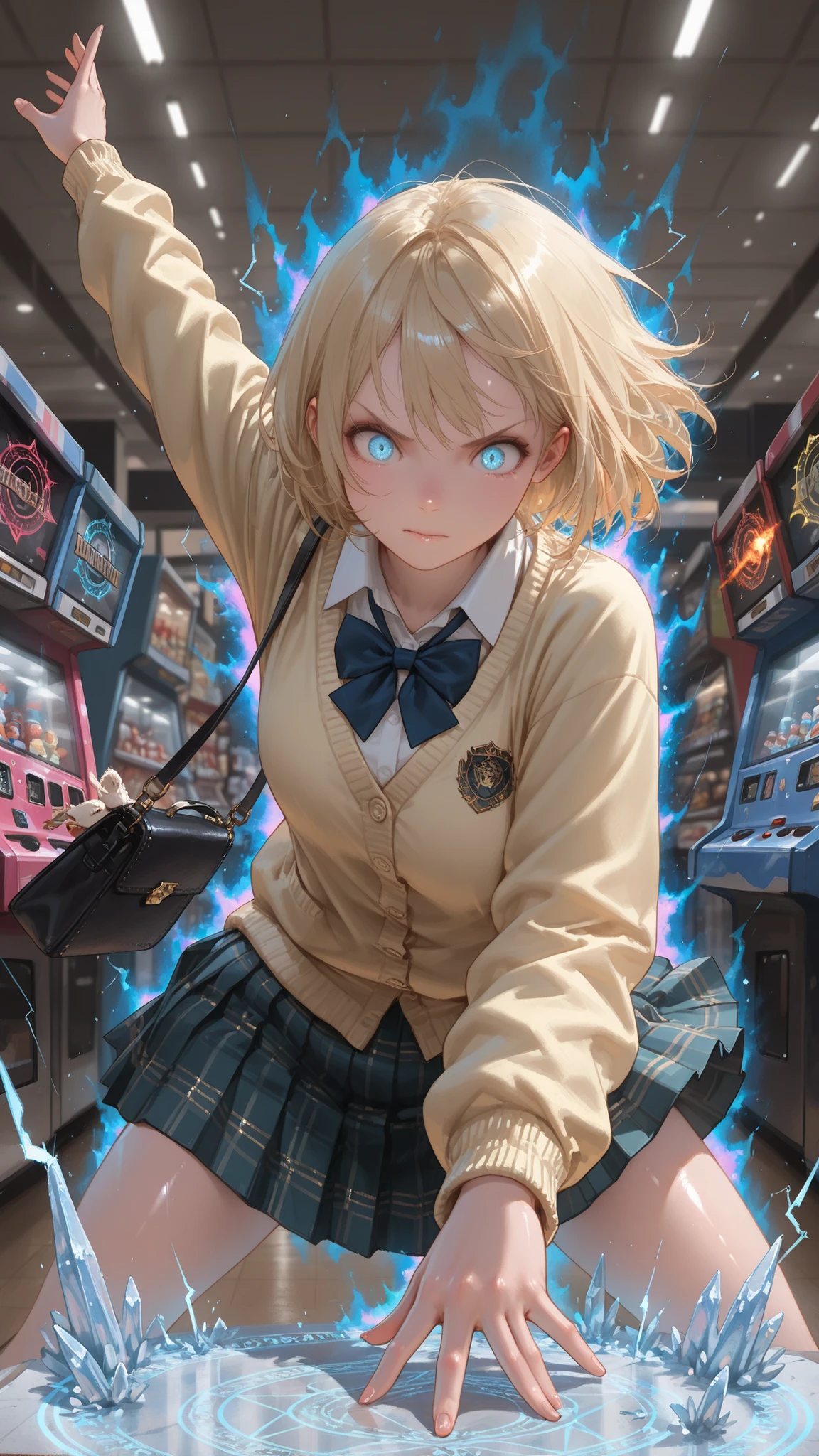 (masterpiece, detailed:1.2),(((The textures are soft))), ((matte and toy-like with a handmade premium look)), (((Tim Burton style))), (masterpiece), (highest quality), atnr,(dynamic pose:1.2),(action pose:1.2),(detailed eyes:1.2), (sharp eyes:1.1),(smooth skin:1.1),(shiny skin:1.2),(magic_circle:1.1),(aura / energy aura:1.1),(sparkles / particles:1.1),(flames / fire effect:1.1),(lightning / electric arcs:1.1),(ice shards / frost aura:1.1),(dark aura / shadow aura:1.1),(wind swirl / gust:1.0),(petals / feathers floating:1.0),(speed lines:1.0), (motion blur:1.0),(heroic pose:1.1),8k, masterpiece, highest quality, Korea's Beautiful Women, Low-angle, fisheye, close-up. Blonde, short hair, surprised expression, mustard cardigan, plaid skirt, school uniform style, hand near face, slightly hunched pose, vibrant, colorful, shop, arcade, blurred background, bright lighting, dark handbag.