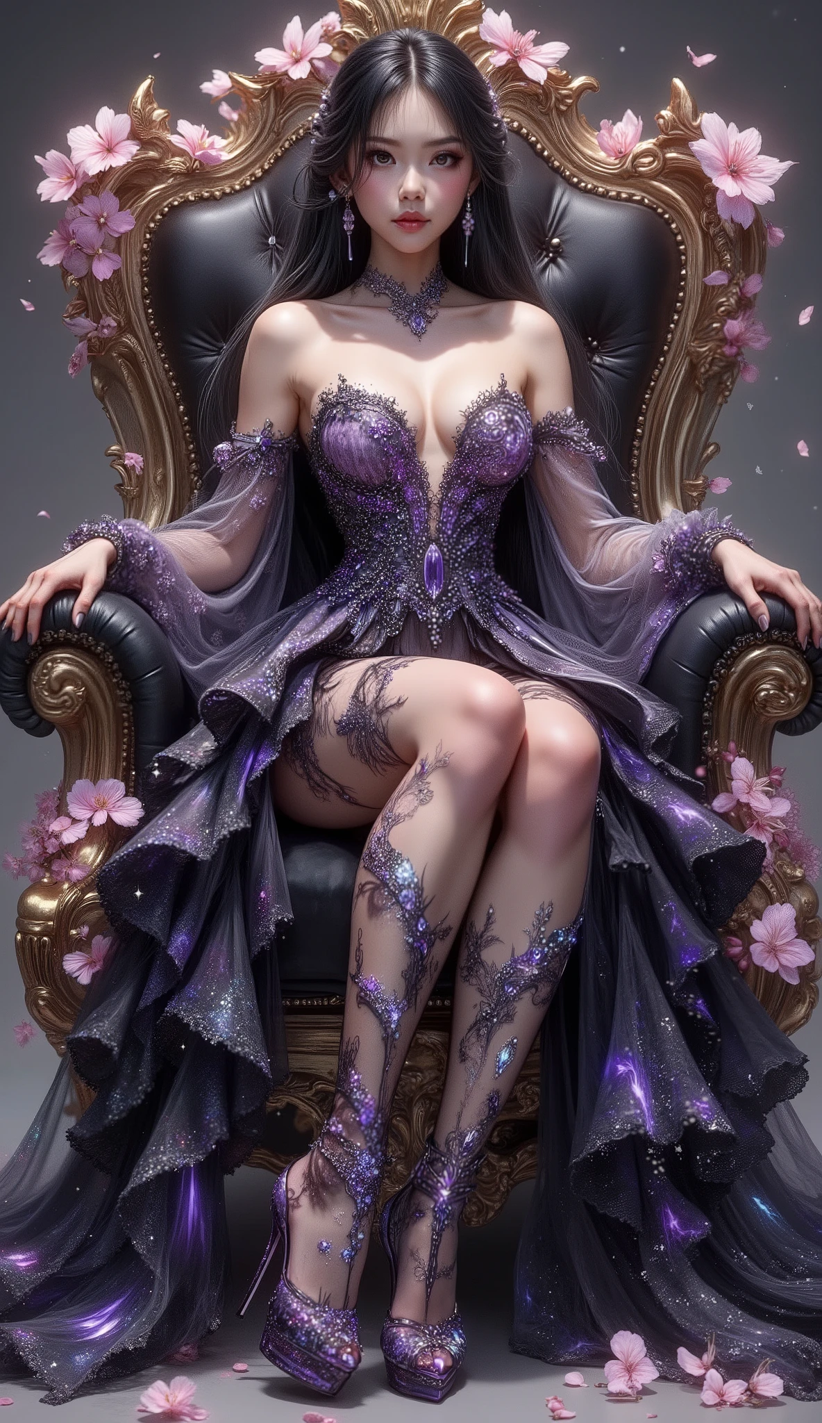 Taken from below, 4K, hyper-detail, hyper-texture of clothing, a 17-year-old young Asian girl with a cute face with a sweet appearance and white skin, a tall body, a slim and small belly, a wide waist, a shiny body, a shiny costume, long and sexy muscular legs, and giant breasts. body dripping with sweat, wearing a strapless white spiral V-cut dress with a deep cleavage with a galaxy pattern that reveals her navel, shaped by very tight black diamonds with intricate details, a ruffle micro mini skirt and black nylon stockings with sexy high blue lace with a galaxy pattern, the stockings reach her crotch, she also wears high-heeled stilettos and a high top with straps, purple high heels emit shining light from her feet, reminiscent of a fantasy style. This piece features intricate details, including sparkling blue gemstones and feather-like textures and flashes of blue light that adorn her tight dress. the shiny color of the dress adds to the fantasy feel, while her long black hair flows in waves over her shoulders.Sitting in a stately high chair, her back straight but not stiff—gives an impression of confidence and elegance. - Her shoulders are slightly relaxed, indicating comfort in her sitting position, yet maintaining an aristocratic aura. - Her legs are gracefully crossed, one foot resting on the floor while the other is slightly raised, revealing her sparkling stockings and high heels. This conveys both glamour and control over the visual space. studio shoot with a golden light and falling cherry blossoms in the background, purple gemstone and plant decorations a full body masterpiece, with backlight and shadow under her feet
