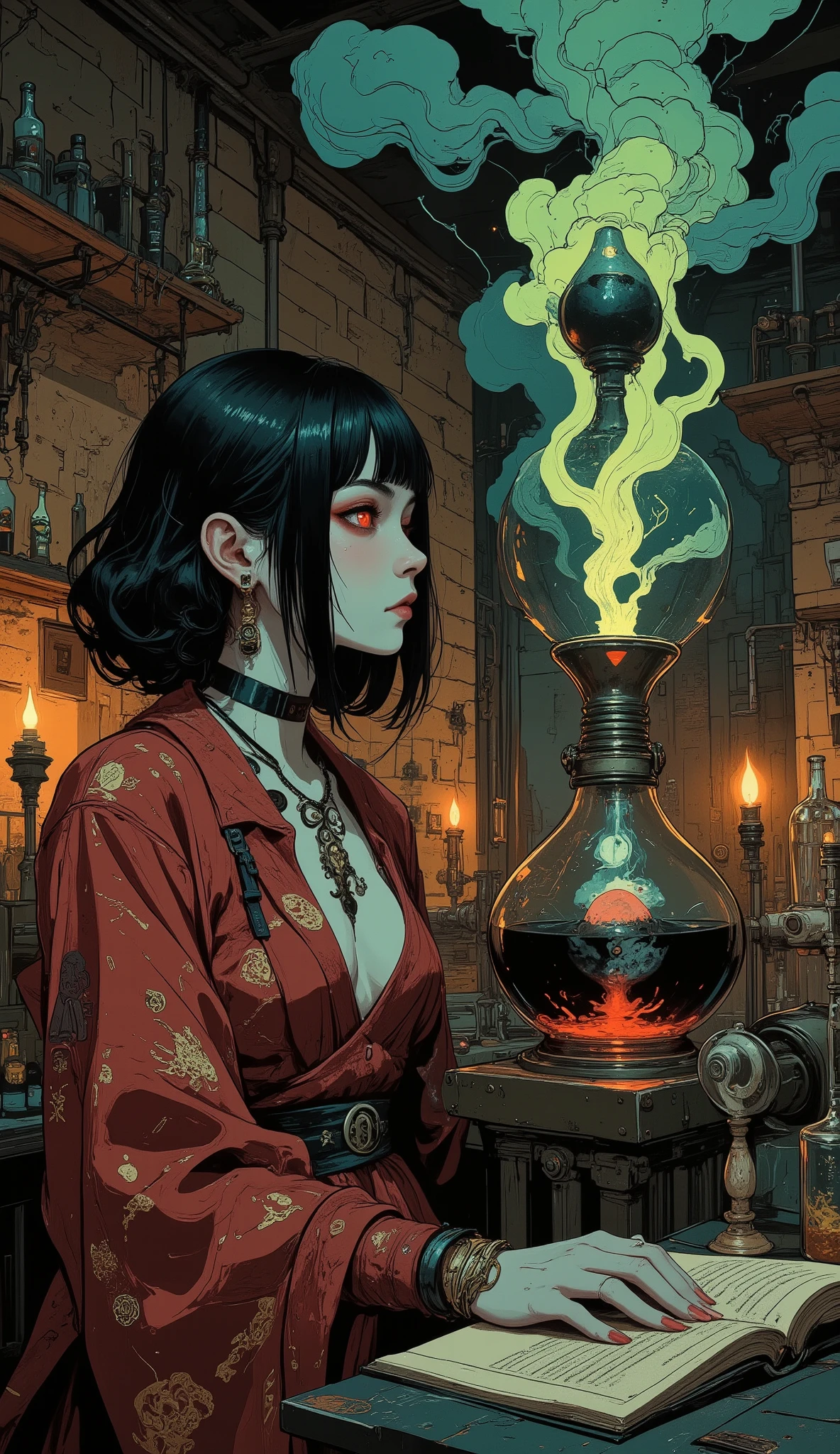 (A digital art style blending ukiyo-e with dark fantasy, creating an aesthetic blend of decadence and gothic elements. Faces are rendered in meticulous detail. Women are depicted from a low, upward angle. The effect is fantastical.) BREAK
(This is an underground laboratory in a decaying old castle in a bitterly cold medieval northern Europe, covered with dark thick clouds. The dimly lit room is clouded with steam rising from glass flasks and beakers filled with red, yellow, green, and black liquids of various colors. The stone walls are fitted with large levered switches, valves, and plumbing, and the occasional blue-white discharge of light can be seen.) BREAK
(The female dhampir alchemist, half-lidded and beguilingly smiling, stares at a large glassware vessel shaped like an hourglass, operating the switches on her desk with bold poses and exaggerated actions. At the top of the glass vessel, a glowing green smoke extends into the center of the neck of the vessel in a spiral shape while discharging, and at the bottom of the glass vessel, a black and gray blur of gas looks like a fetus.) BREAK
(The female Dampyr has jet-black hair that gleams with a blue-black sheen. She has a blunt fringe, black eyebrows, long black eyelashes, and almond-shaped eyes. Her irises glow red with cat-like pupils. She wears thick, dark eyeliner. Her lips are small and pink. Her ears are slightly pointed. Her skin is pale blue and translucent. She has small, slender limbs and thin fingers painted with black nail polish. She often keeps her eyes half-closed.) BREAK
(The female Dampyr's alchemist wears a lace-up dress of deep crimson fabric depicting constellations and star navigation, with earrings, necklace, bracelet, and ring with a Saturn motif. At her waist, she wears a jet black string belt with a small blue, yellow, or green pouch tied to it. She wears black bat leather sandals.)