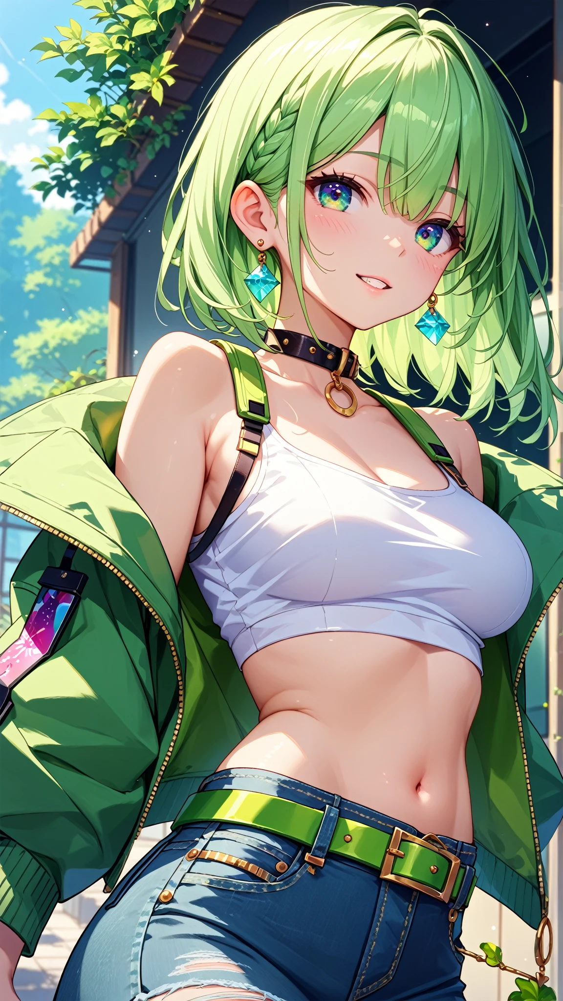   , Croped, , cleavage, slim waist, cropped hoodie underboob, cropped hoodieunderboobhoodie, 1girl, 2 wolf ears, wolf tail, ????????? crop hoodie, crop shorts, ????????? hoodie, spiky hair, spiky fur, green hair, red eyes,????????? field, tight clothes, perfect eyes, perfect hands, clear resolution, full body, cleavage skin, ????????? plants, open hoodie, ????????? field, black thigh high socks, full body, earrings, 1girl, skirt,  cleavage, slim waist, cleavage, slim waist, hair pulled back, big ??????, round ????, slim waist, best quality, ???? pose, thick thighs
