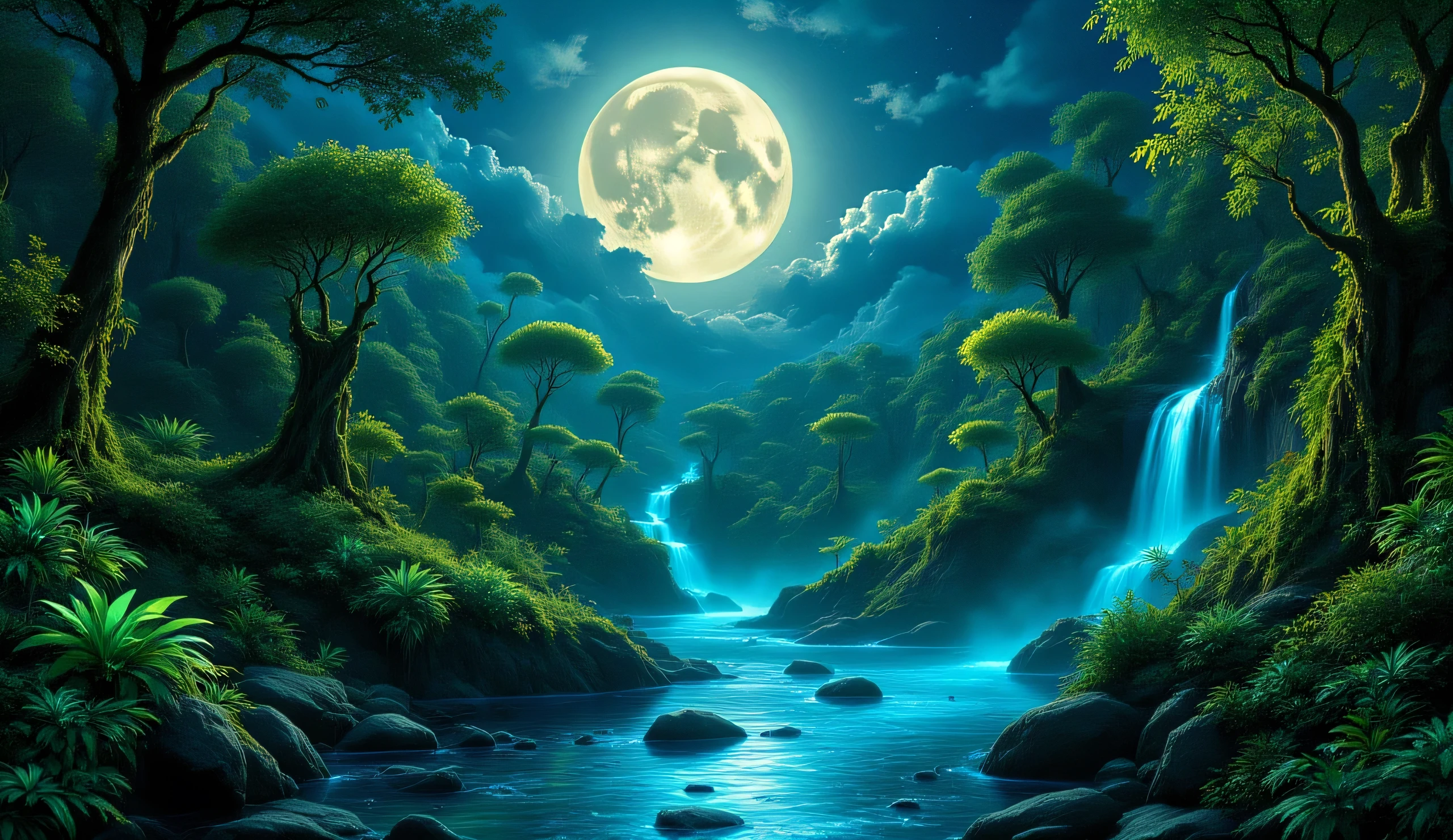 A photorealistic HDR image captured with a Canon EOS R5 showing a rainforest illuminated by bioluminescent vegetation under an alien sky dominated by a massive full moon. The dense canopy glows with natural blue-green light emanating from exotic plants that appear scientifically plausible yet otherworldly. Cascading waterfalls cut through the landscape, their waters shimmering with brilliant turquoise and silver reflections that capture both the intense moonlight and the ambient biological illumination. The image displays remarkable clarity and detail, from the intricate patterns of light across plant surfaces to the fine mist rising from the waterfalls. The composition presents this alien ecosystem with documentary-like precision while highlighting its natural beauty, creating a scene that feels like actual footage from an exoplanet with its own unique ecological features.