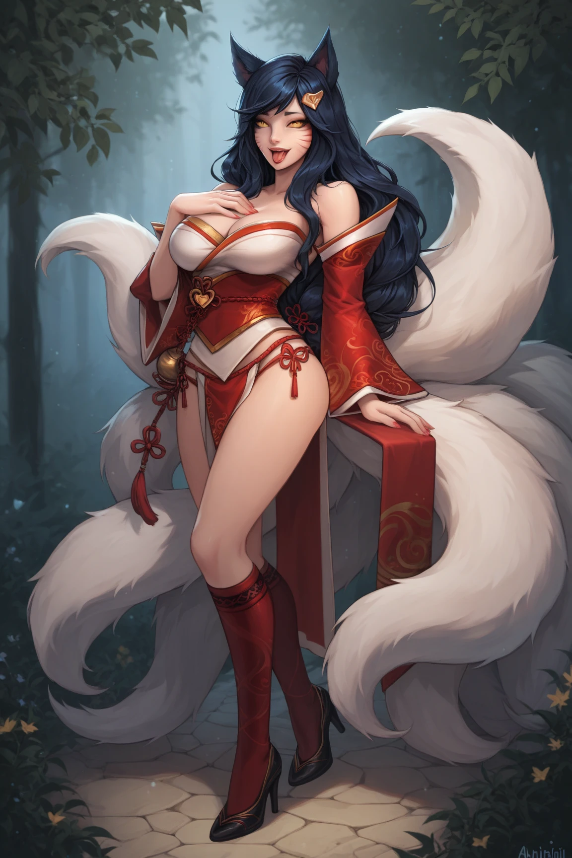 anime_source, (masterpiece), best quality, expressive eyes, perfect face, score_9, score_8_up, score_7_up, 1girl, ahri, animal ears, bangs, black hair,  shoulders, breasts, cleavage,  mark, fox ears, fox tail, groin, highleg, large breasts, lips, long hair, looking at viewer, multiple tails, navel, outdoors, smile, solo, tail, vastaya, whisker markings, yellow eyes, detached sleeves, red legwear, red , sweat, thighhighs, underboob, pink flower, blurry background, cherry blossoms, depth of field, falling petals, flower, petals, wisteria, perfect hands, perfect fingers,  grabbing own breast, , , , wet, , dripping wet, , tongue, saliva, drooling, tongue out, , 